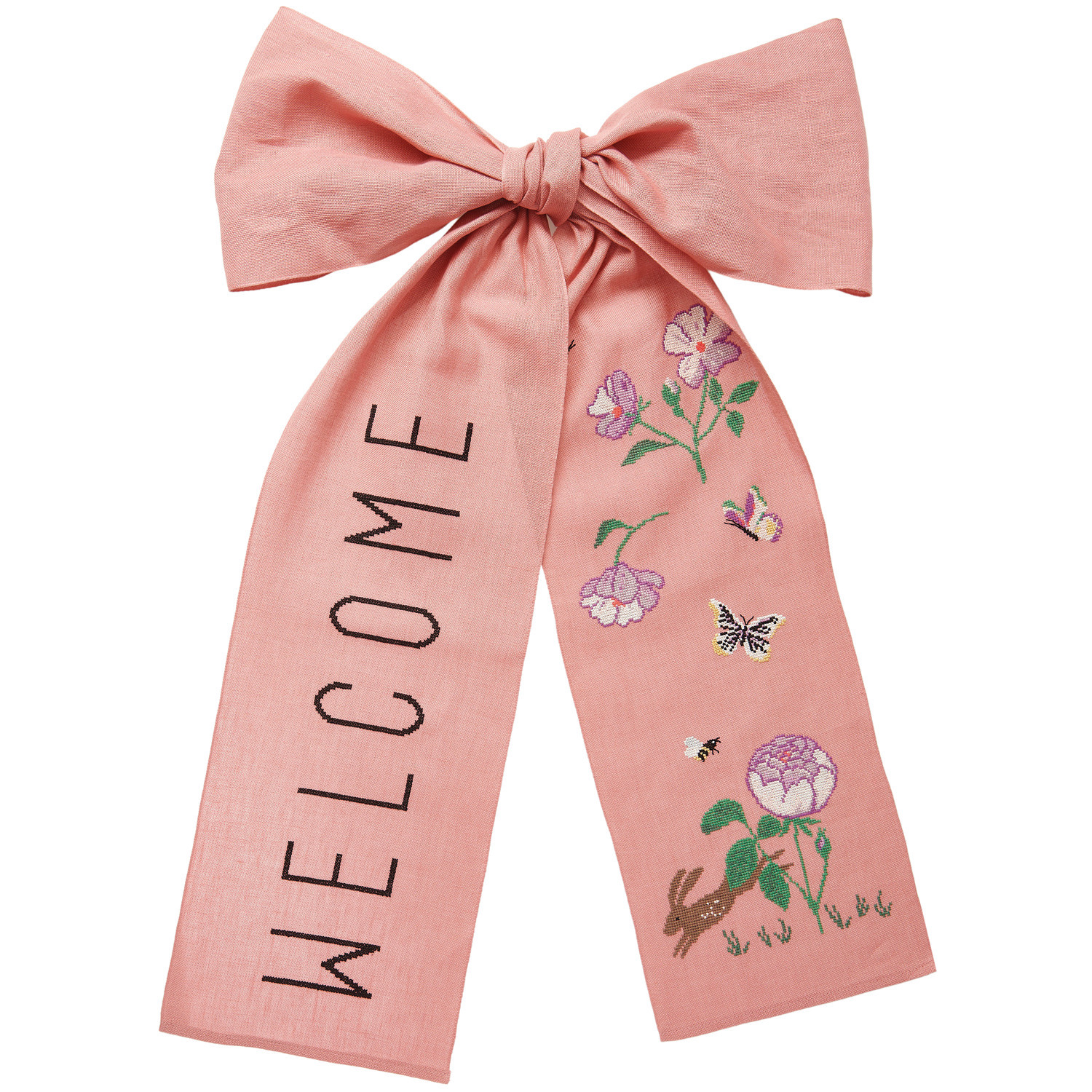 Stickpackung Schleife Welcome, rosa, 38x80cm, mit floralen Stickereien und Schmetterlingen von Rico Design.