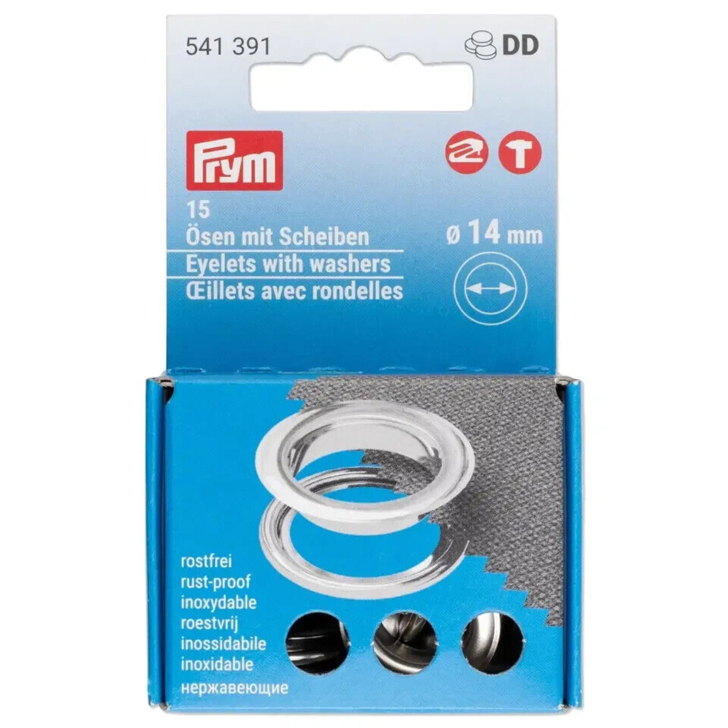 Ösen mit Scheiben, Ø14mm, 20 Stück. Prym-Verpackung in Blau mit rostfreien Metallösen.