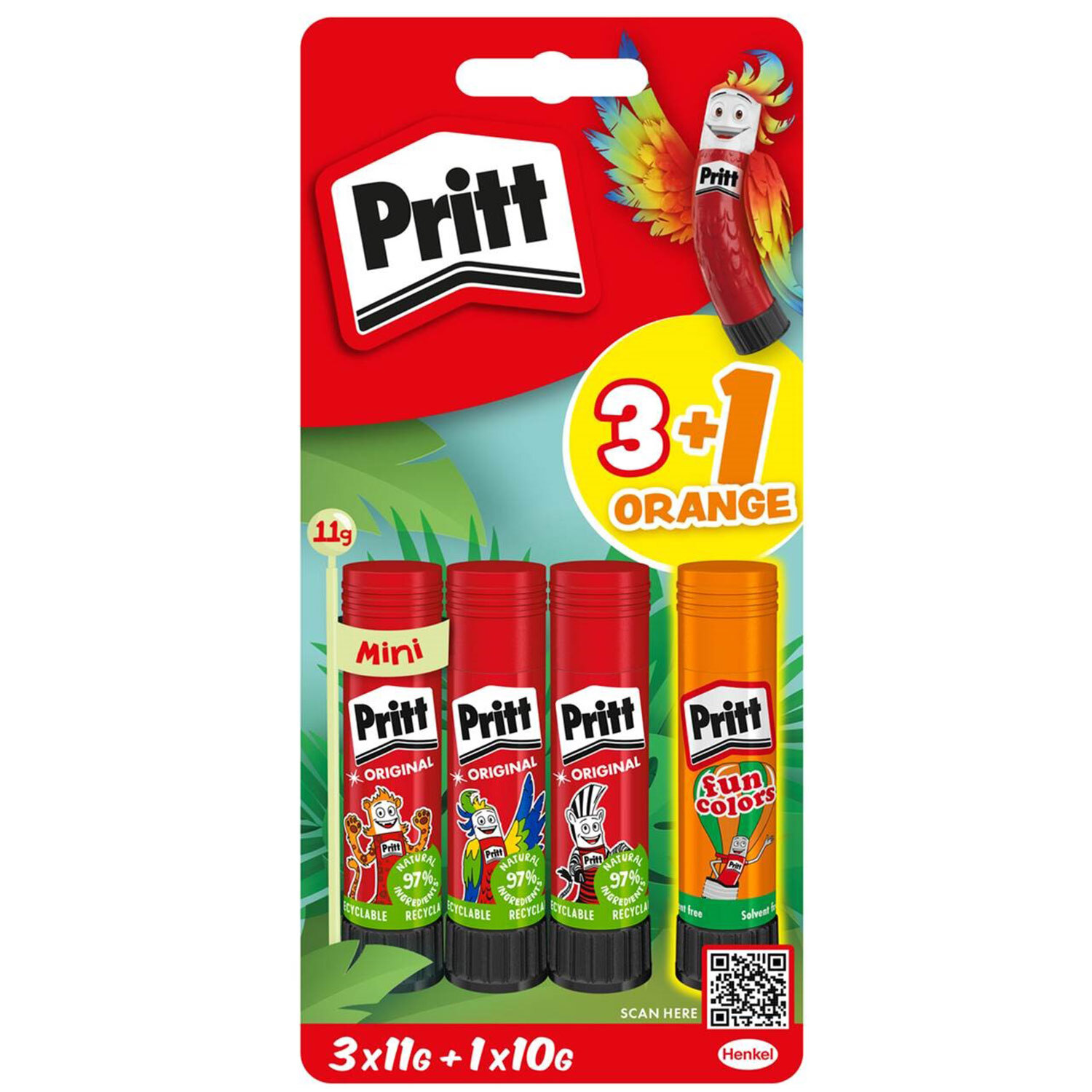 Viererpack Pritt Klebestifte in leuchtenden Farben, Vorderansicht der Verpackung. Enthält drei rote und einen orangefarbenen Stift. Ideal für kreative Projekte.