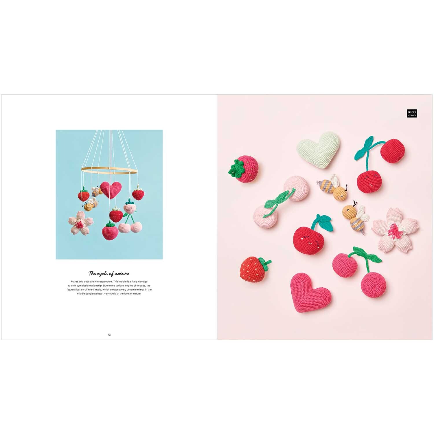 Ricorumi Just Bees + Fruits + Flowers englisch: Bunte Häkelmotive von Rico Design, darunter Bienen, Früchte und Blumen auf hellem Hintergrund.