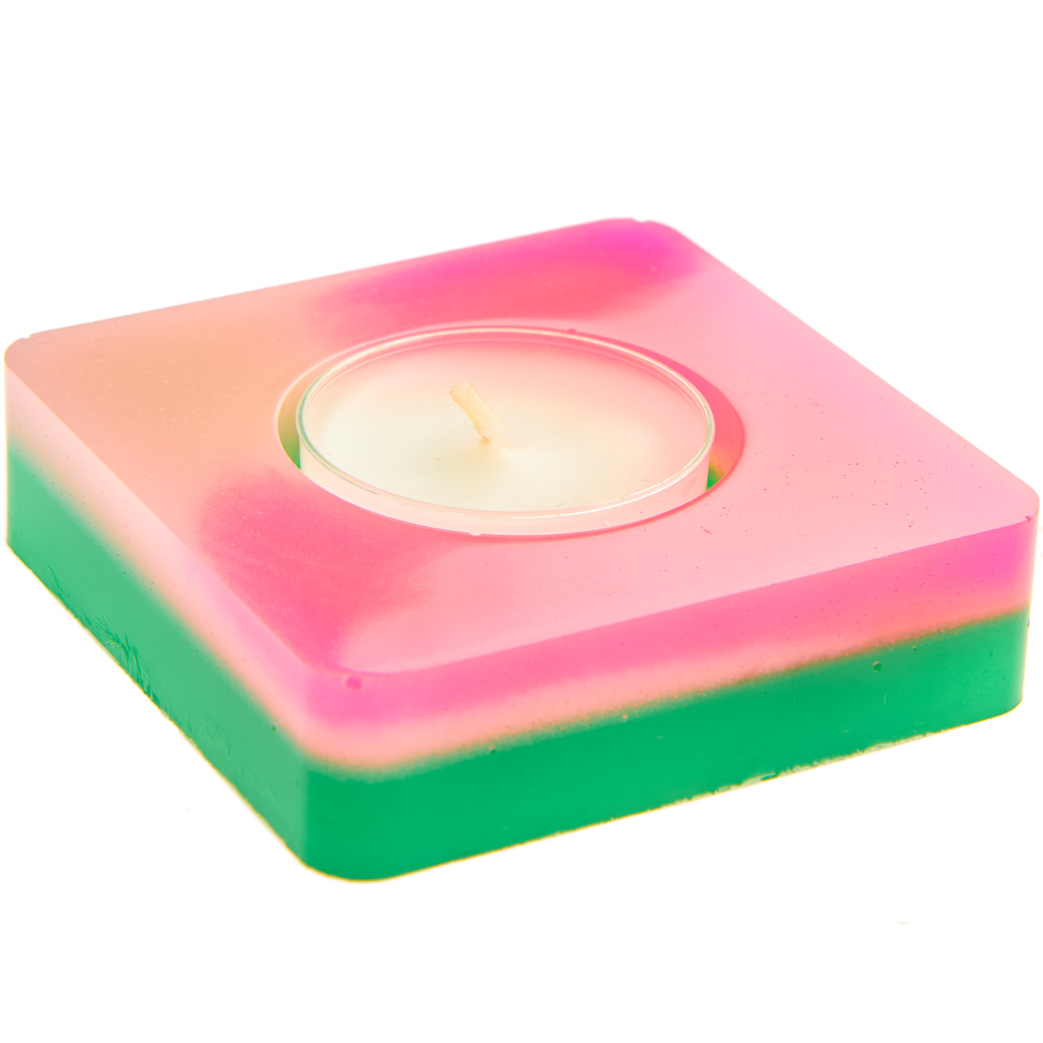 Epoxidharz transparent: Quadratischer Teelichthalter in Rosa und Grün, ideal für moderne Dekoration.