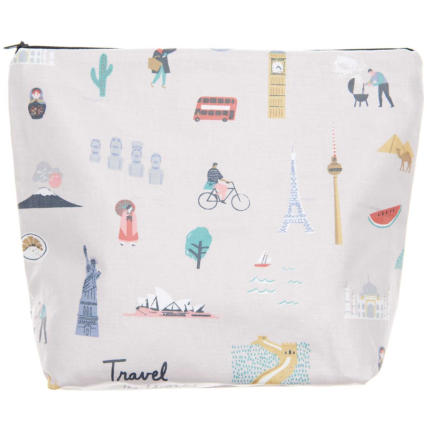 Kosmetiktasche Travel the World mit Reise-Motiven wie Eiffelturm und Big Ben, 28x21x9cm.