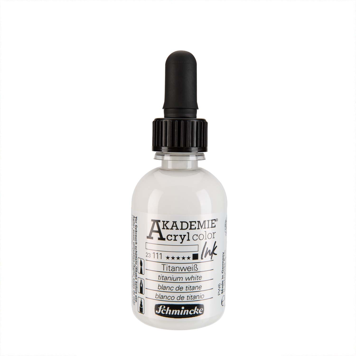 Akademie Acrylcolor Ink 50ml: Eine Flasche weiße Acrylfarbe mit Pipette, Marke Schmincke. Ideal für Künstler.