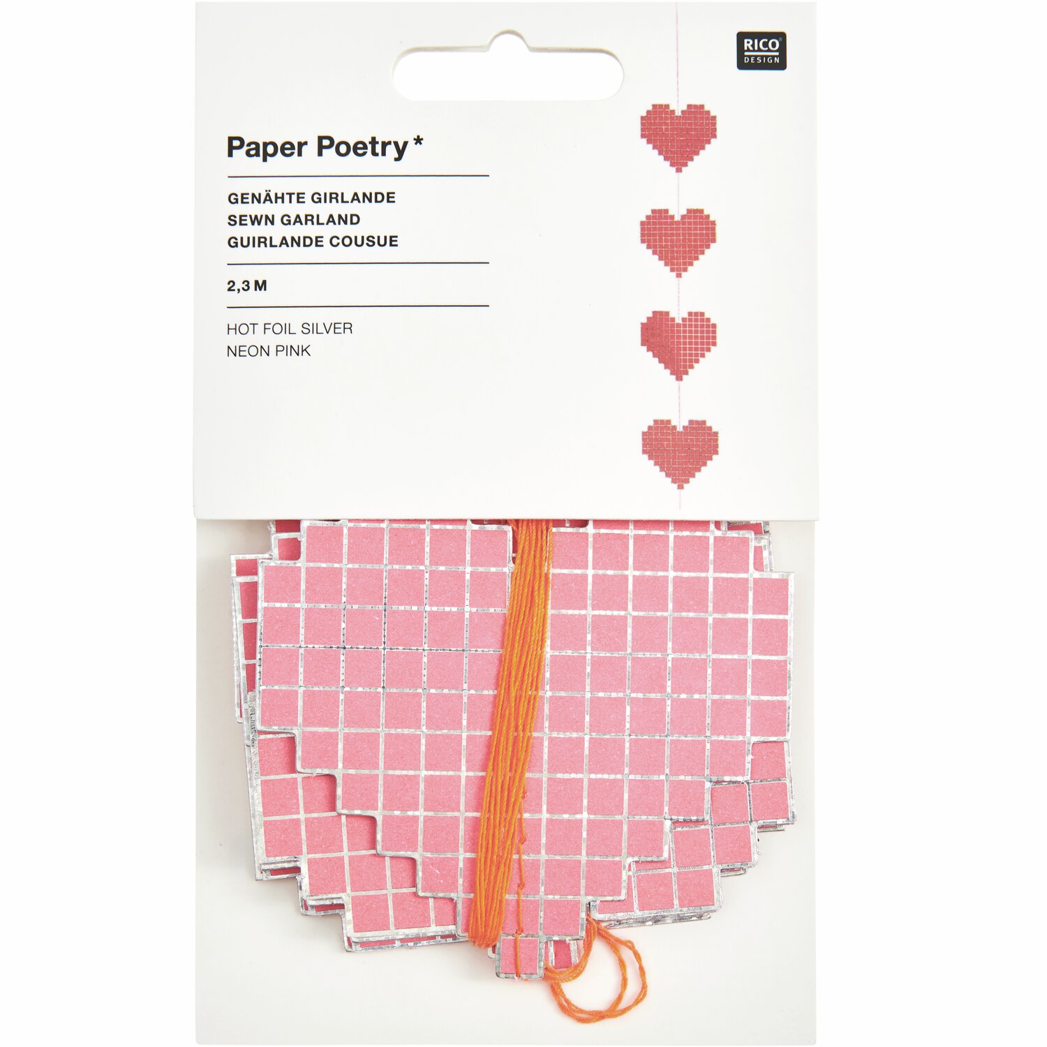 Paper Poetry Genähte Girlande Herzen  2,3m Farbe Neon Pink von Rico Design