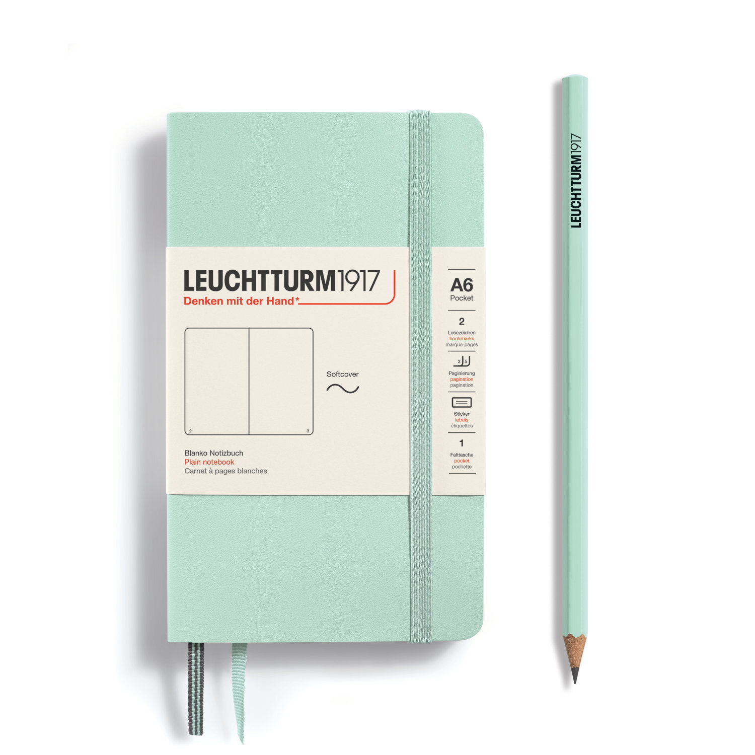 Notizbuch Pocket blanko Softcover A6 in Mint Green von LEUCHTTURM1917, neben passendem Bleistift. Ideal für Notizen und Skizzen.