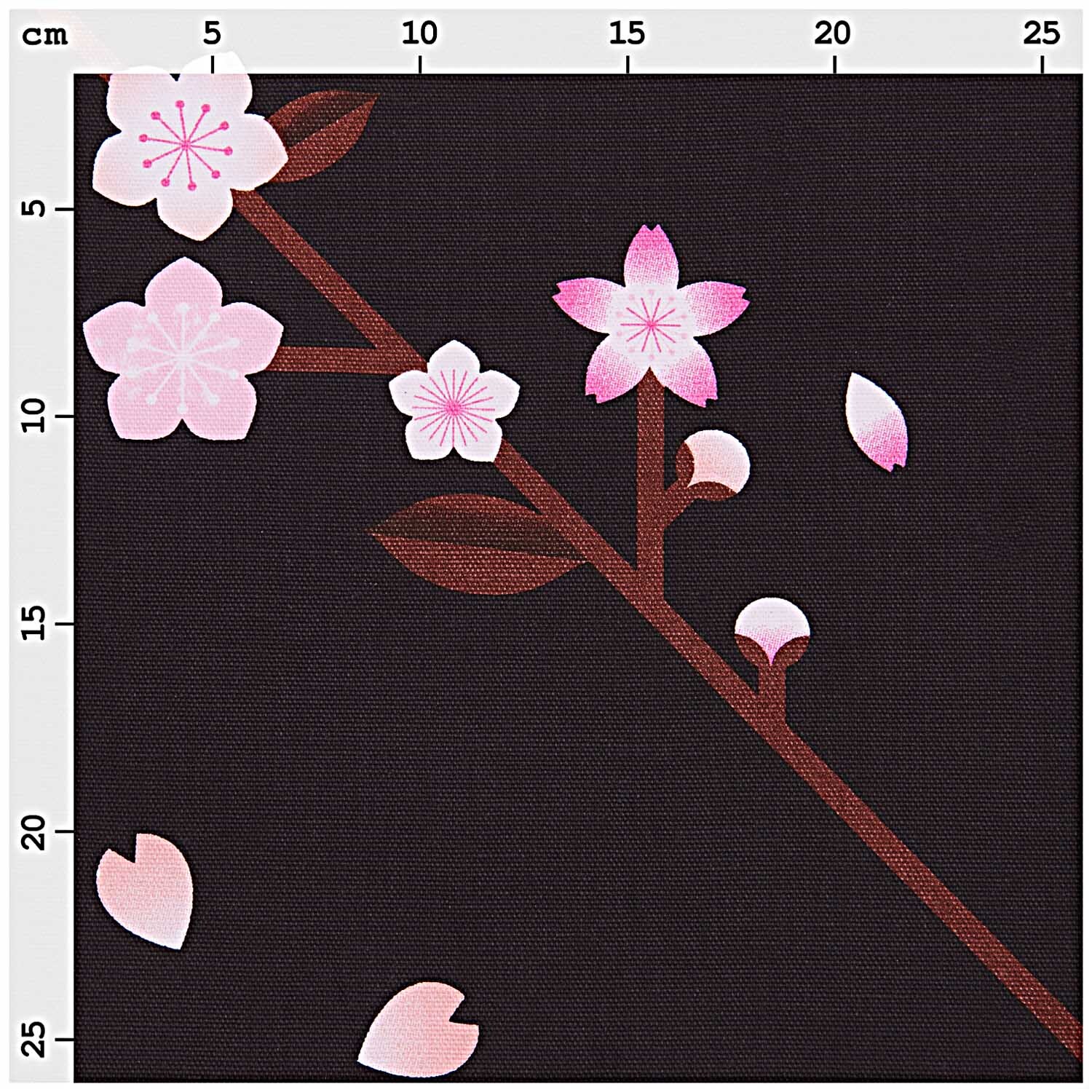 Stoffabschnitt Canvas Kirschblüten zeigt zarte rosa Blüten auf schwarzem Hintergrund, ideal für kreative Projekte. Marke: Rico Design.