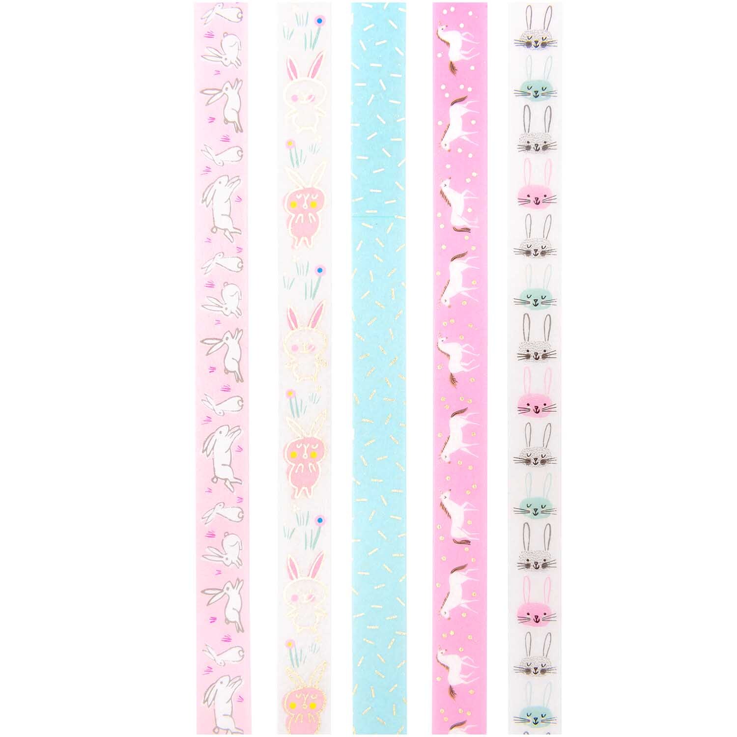 Paper Poetry Tape Set Hasen, 5-teilig, mit bunten Hasenmotiven von Rico Design auf dekorativem Klebeband. Ideal für kreative Bastelprojekte.