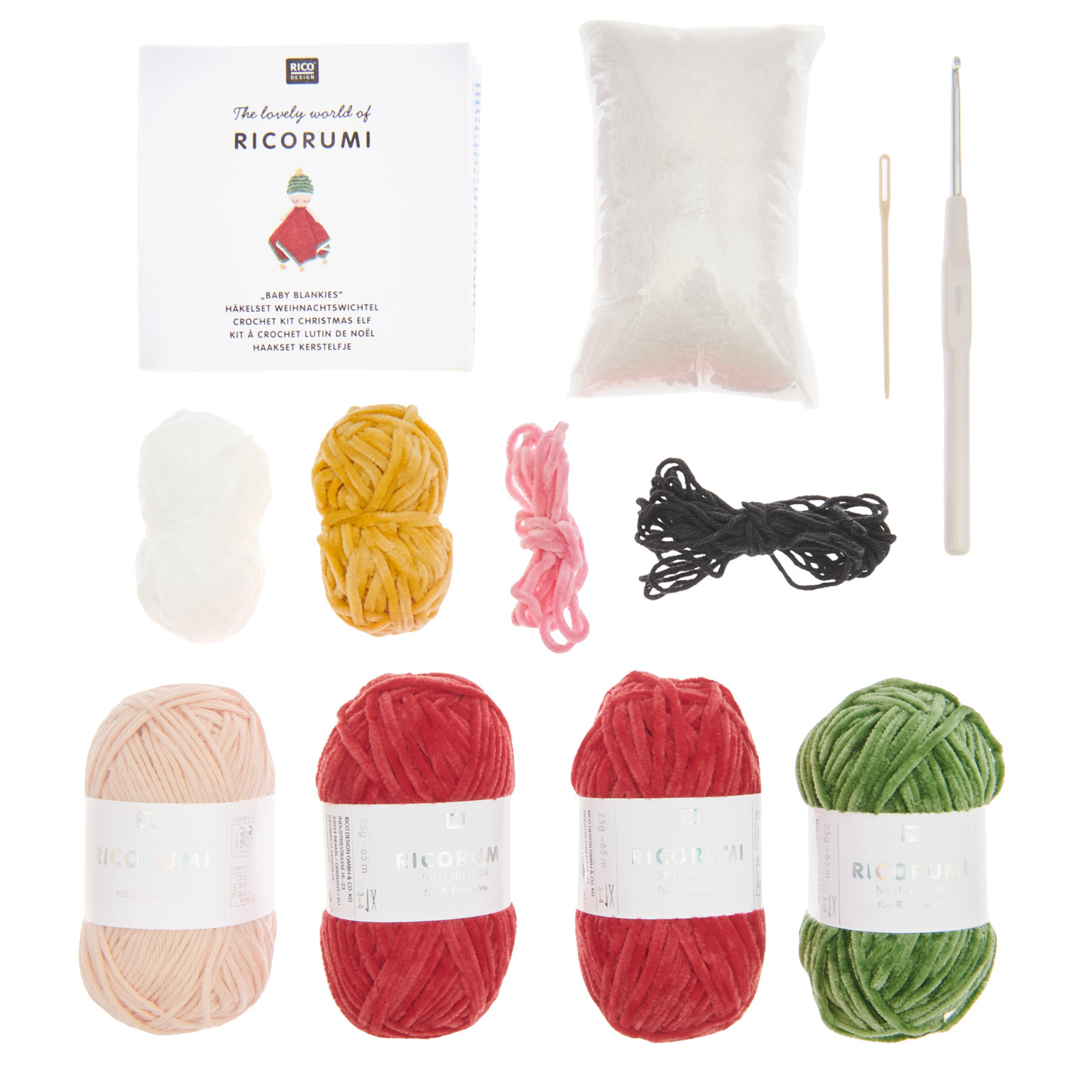 Häkelset Ricorumi Baby Blankies Weihnachtswichtel mit buntem Garn, Häkelnadel und Füllmaterial von Rico Design. Ideal für kreative Projekte.