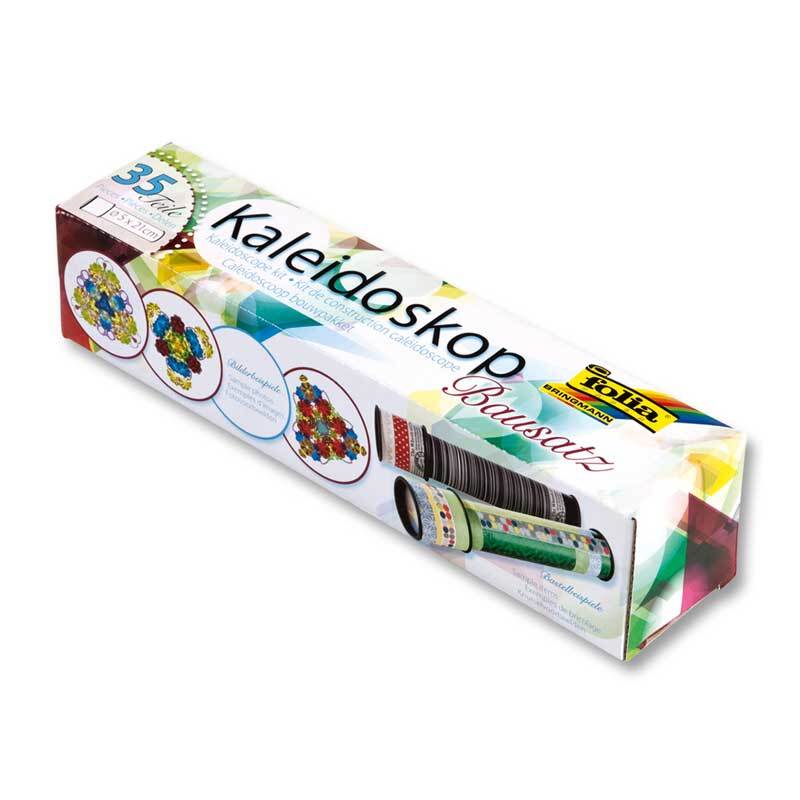 Kaleidoskop Bausatz, 35-teilig, von folia. Bunte Verpackung mit Abbildungen des fertigen Kaleidoskops.