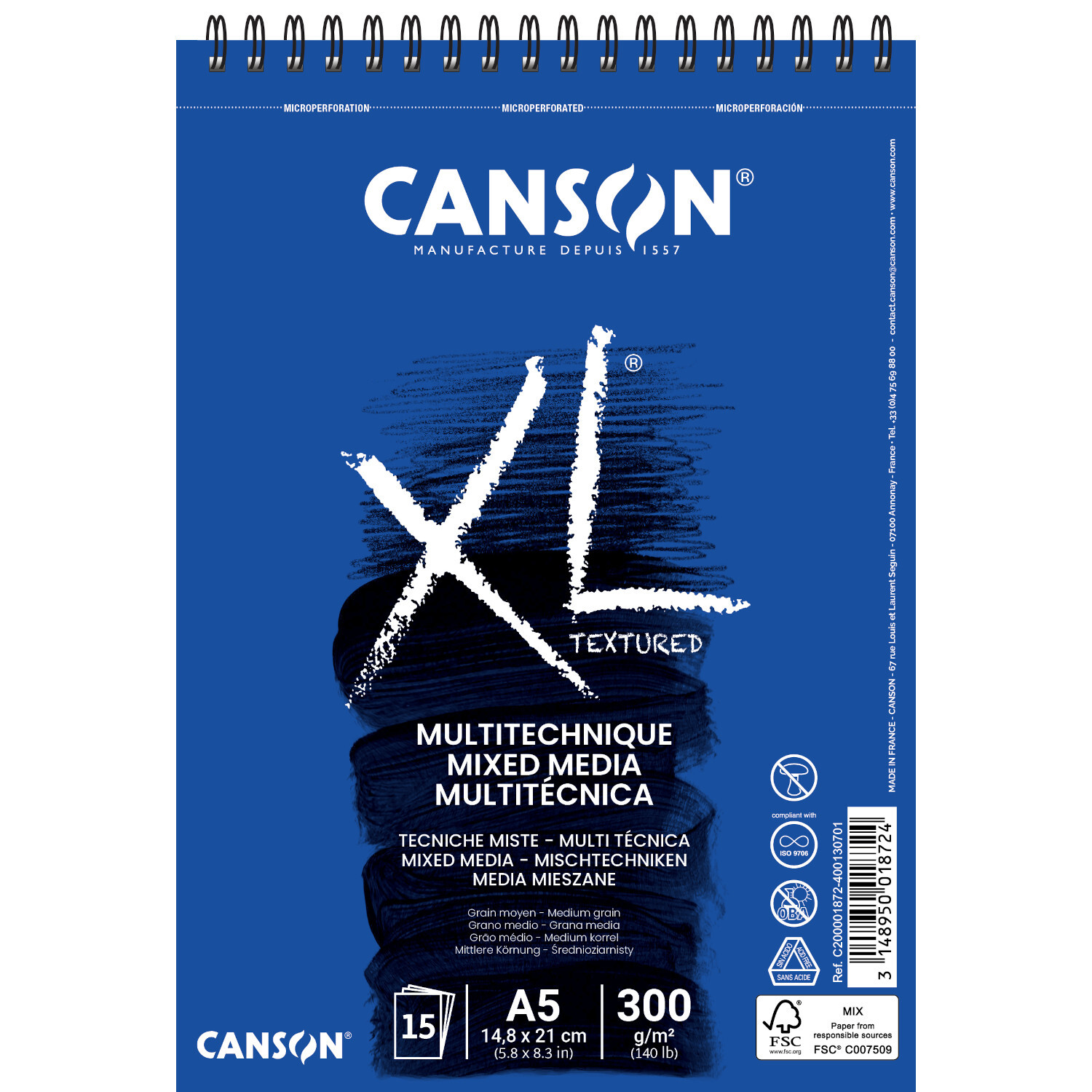 XL Mix Media Spiralblock DIN A5 15 Blatt 300g/m² von Canson in Blau mit Spiralbindung und Textur. Ideal für verschiedene Techniken.