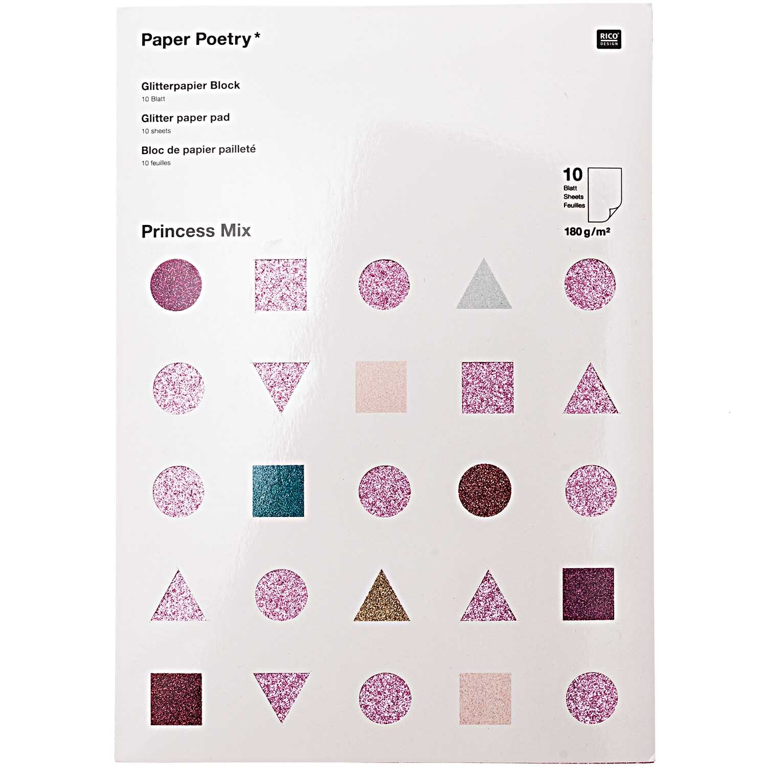 Paper Poetry Glitterpapierblock Princess Mix mit 10 Blättern in DIN A4, zeigt rosa Glitzerformen. Ideal für kreative Bastelprojekte.
