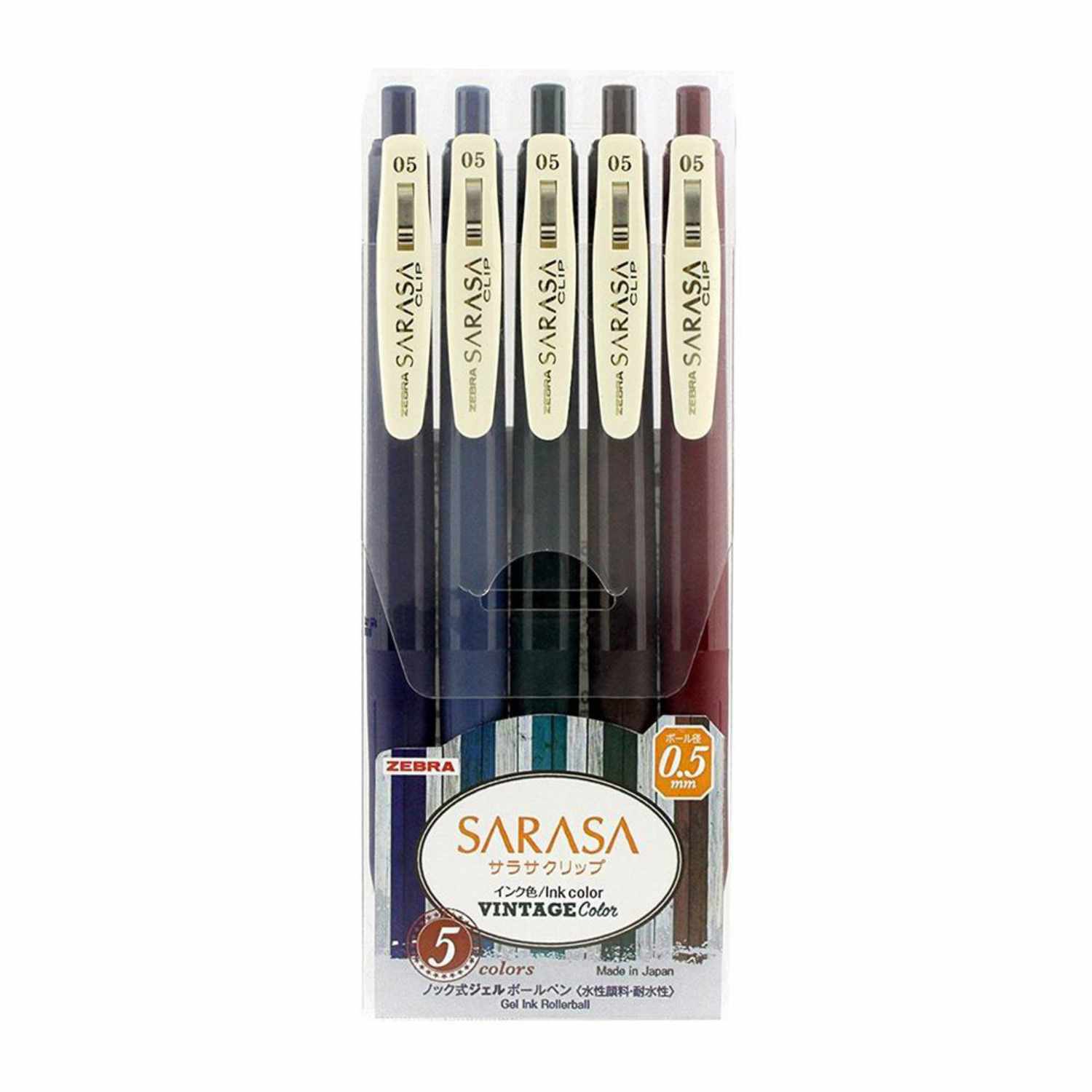 Sarasa Gel-Stifte mit Clip Vintage Set, 5 Stück in verschiedenen Farben, ideal für kreatives Schreiben.