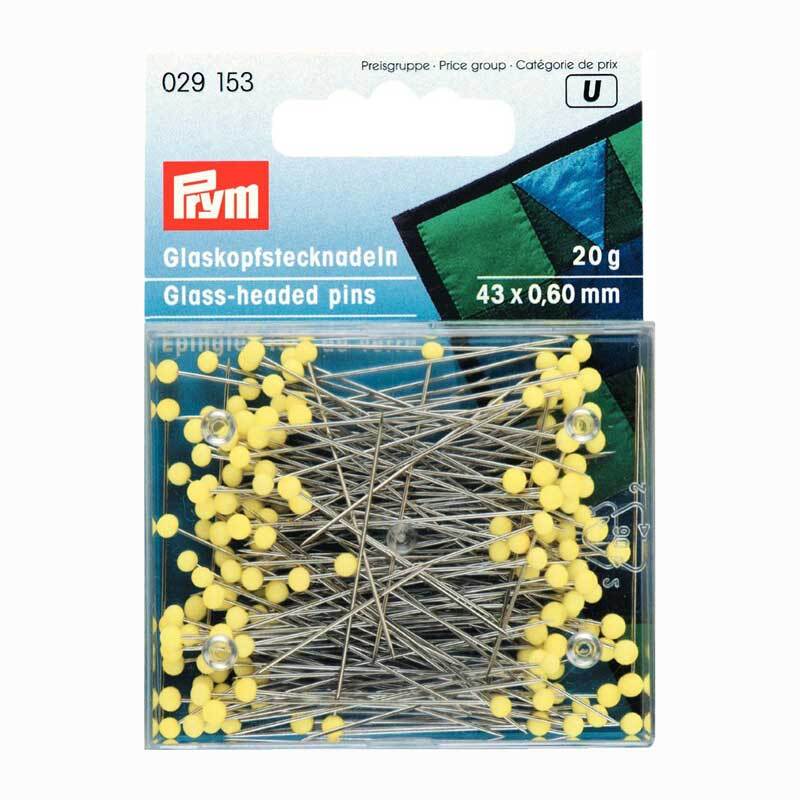 Stecknadeln mit Glaskopf in einer transparenten Verpackung, Marke Prym, 43 mm lang, 20 g.