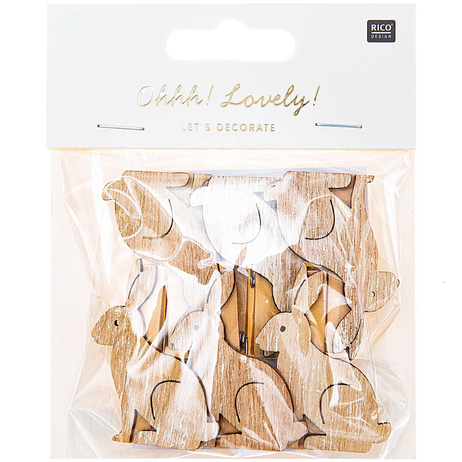 Dekoklammern Hase 6 Stück von Rico Design im Shabby Chic Stil, verpackt in einer transparenten Tüte.
