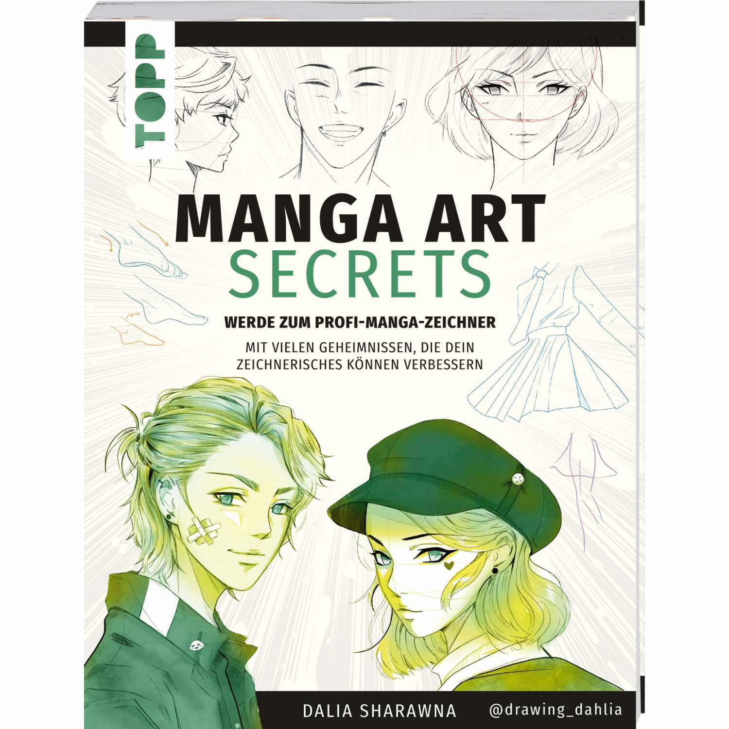 Manga Art Secrets: Buchcover mit Manga-Zeichnungen und Porträts, Marke TOPP, kreative Illustrationen.