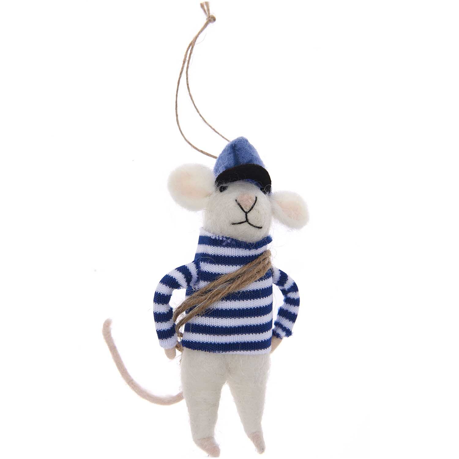 Filzhänger Maus Seemann 12,5cm: Niedliche Filzmaus im Seemannslook mit blau-weiß gestreiftem Pullover und Mütze. Marke: Rico Design.