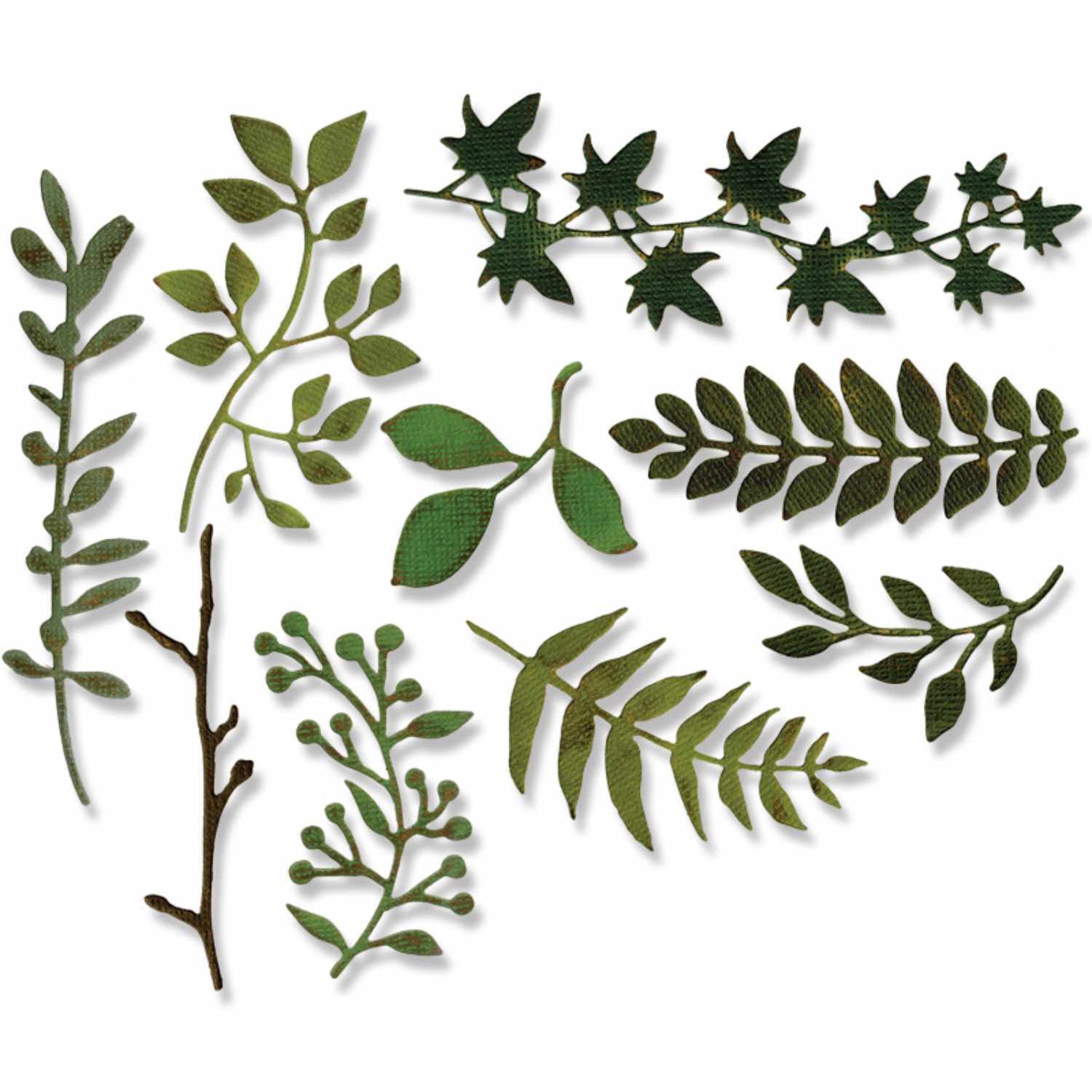 Thinlits Die Set Garden Greens zeigt verschiedene grüne Blätter und Zweige von Sizzix. Ideal für kreative Bastelprojekte.