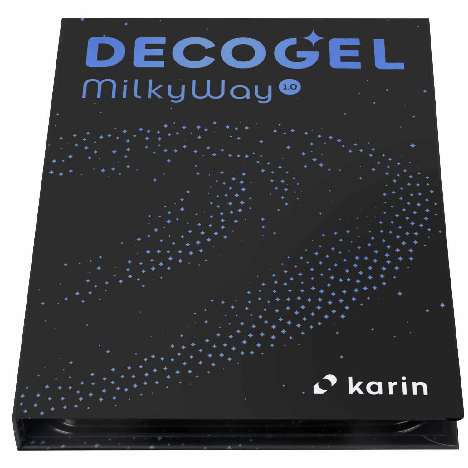 Decogel-Set Milky Way 10 Stück in schwarzer Verpackung mit blauen Akzenten, Marke karin.