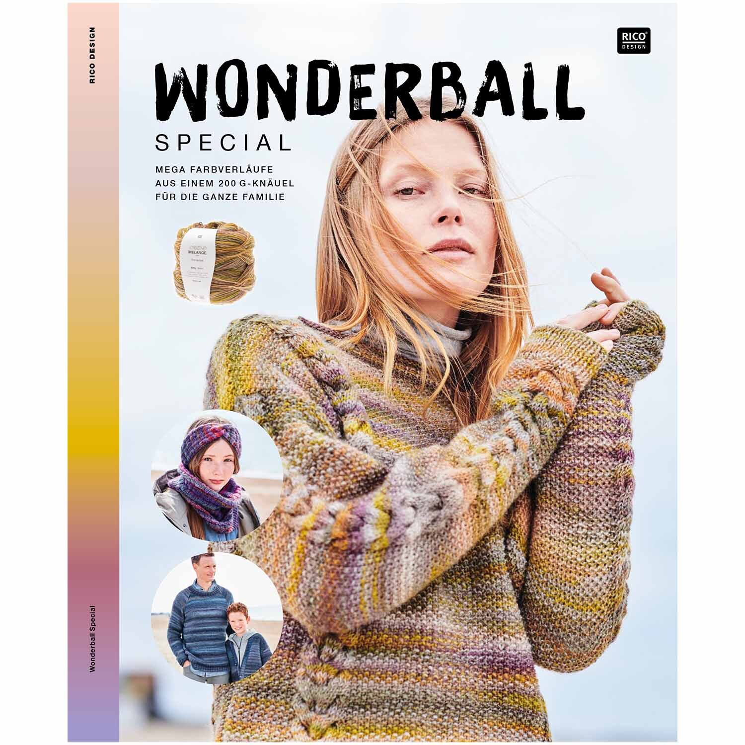 Wonderball Special Strickset: Frau in gestricktem Pullover, daneben Garn und weitere Strickmodelle von Rico Design.