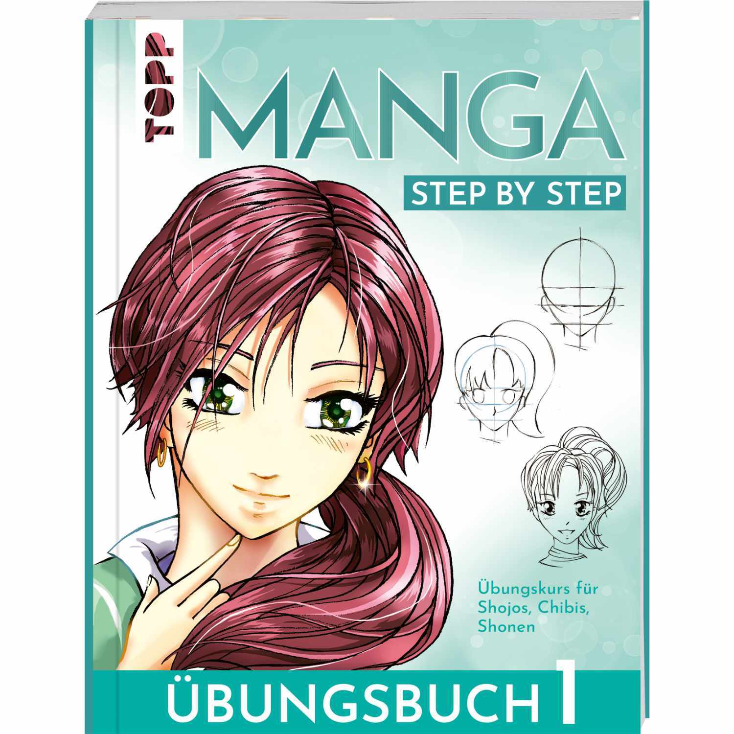 Manga Step by Step Übungsbuch 1 zeigt eine Manga-Zeichnung mit detaillierten Anleitungen für Shojos, Chibis und Shonen. Marke: TOPP.
