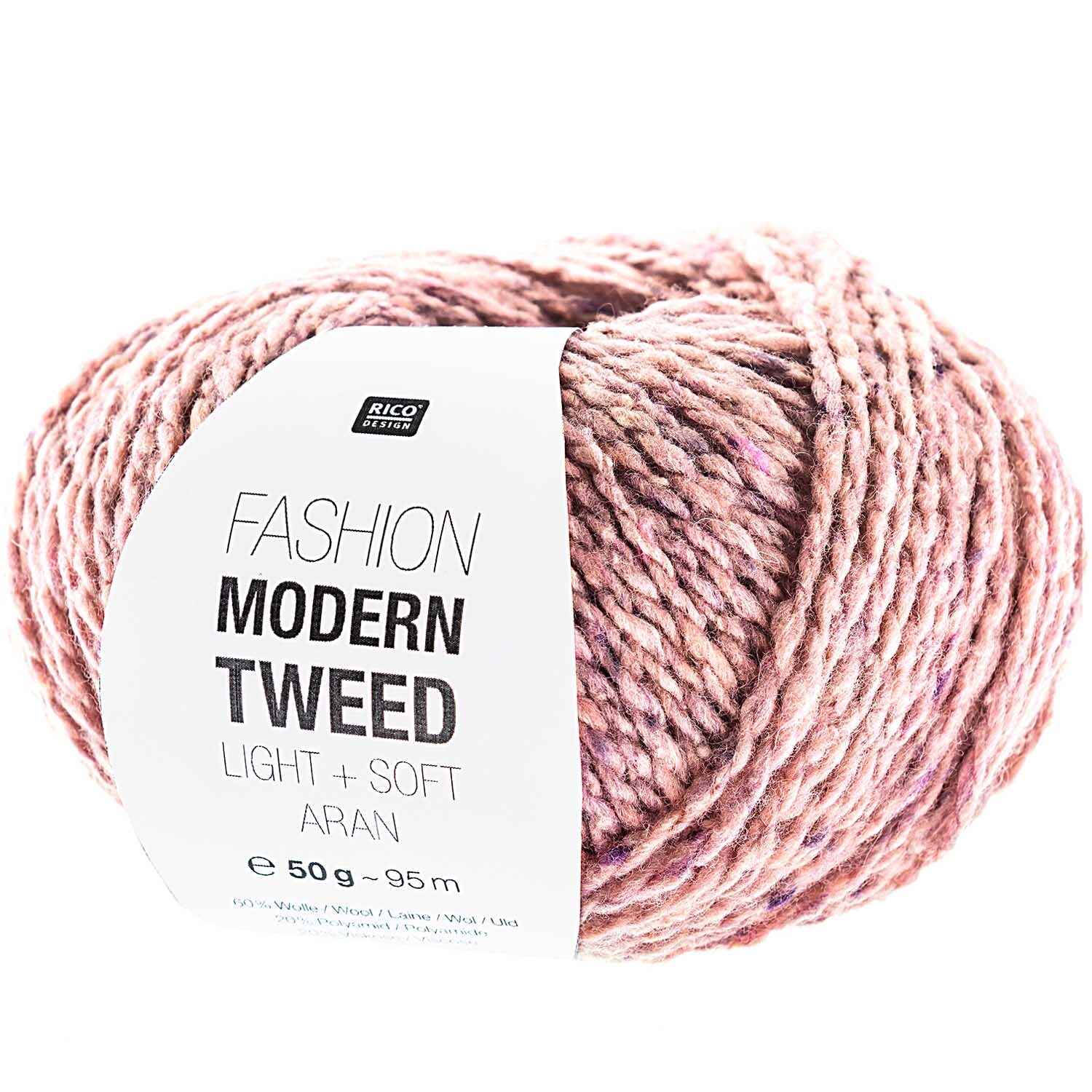 Fashion Modern Tweed aran: Rosa Strickgarn von Rico Design, 50g, 95m, ideal für kreative Strickprojekte.