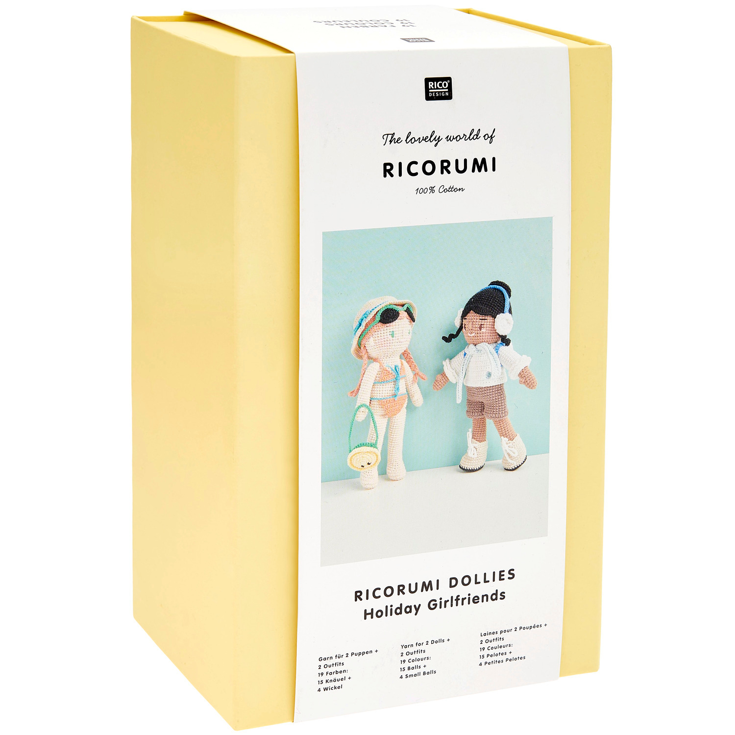 Ricorumi Dollies Holiday Girlfriends: Zwei Puppen in Sommerkleidung, präsentiert in gelber Verpackung.