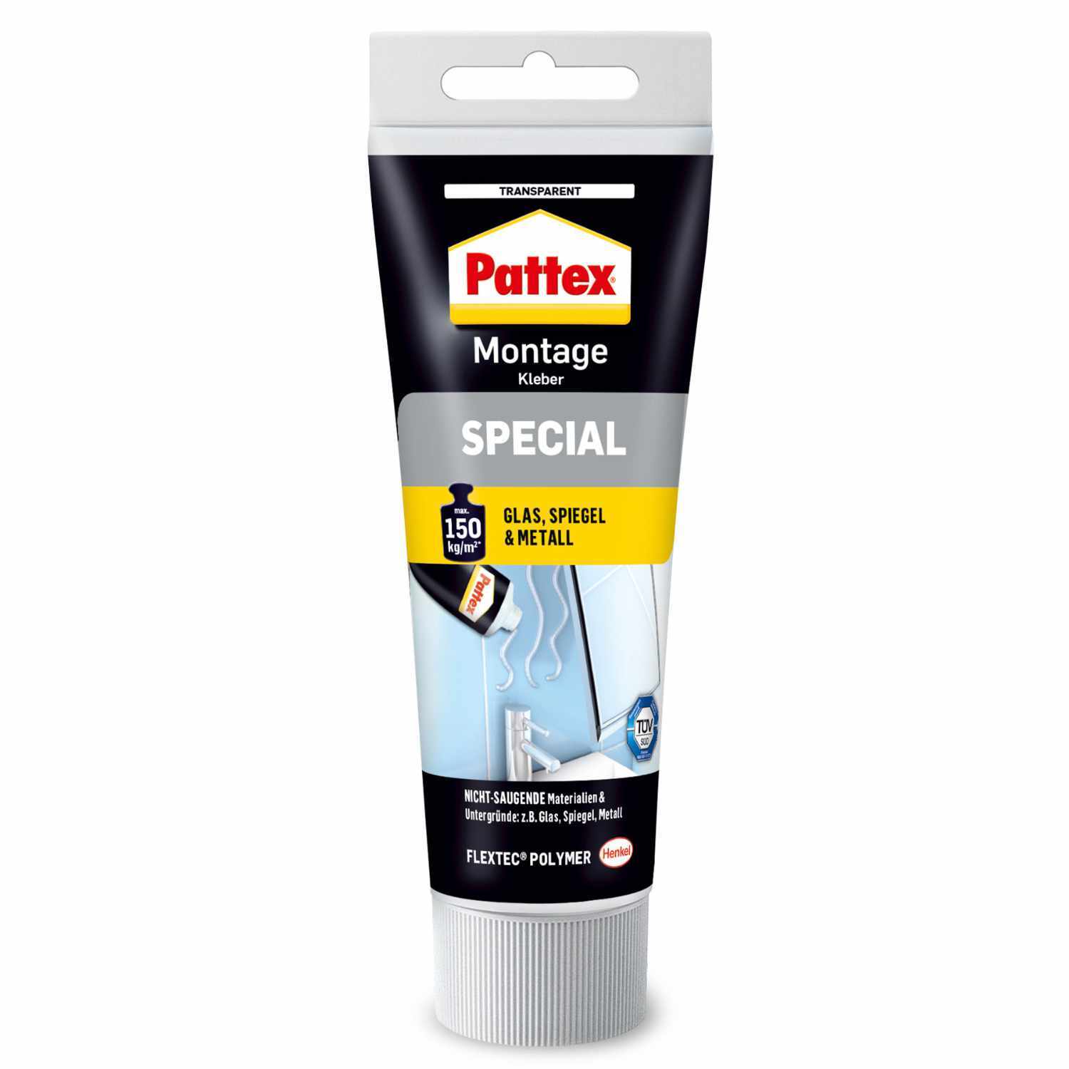Montagekleber Special 80g von Pattex in einer transparenten Tube, ideal für Glas, Spiegel und Metall.