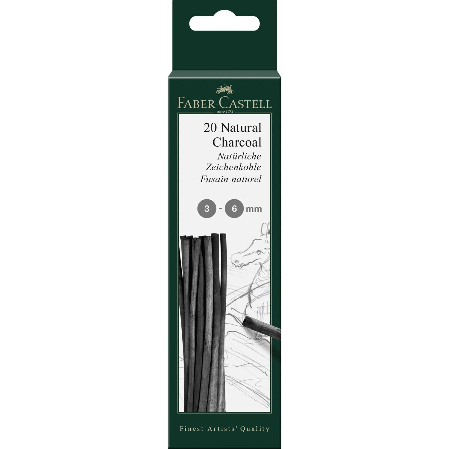 Natürliche Zeichenkohle Pitt 3-6mm 28g von Faber Castell in schwarzer Verpackung mit Kohleabbildung. Ideal für Künstler.