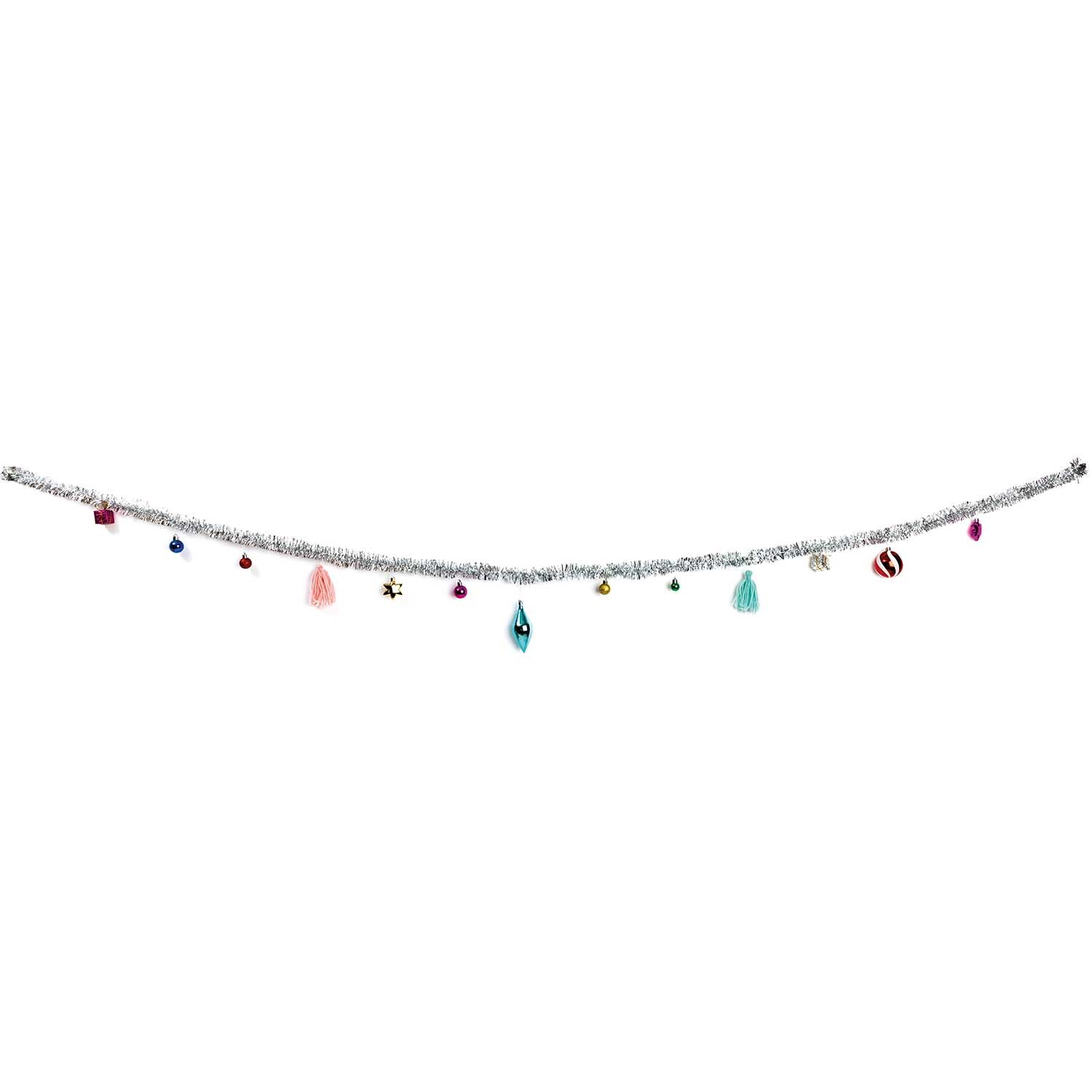 Girlande Lametta mit Dekor 2,5m von Rico Design, verziert mit bunten Anhängern und Lametta. Ideal für festliche Dekorationen.