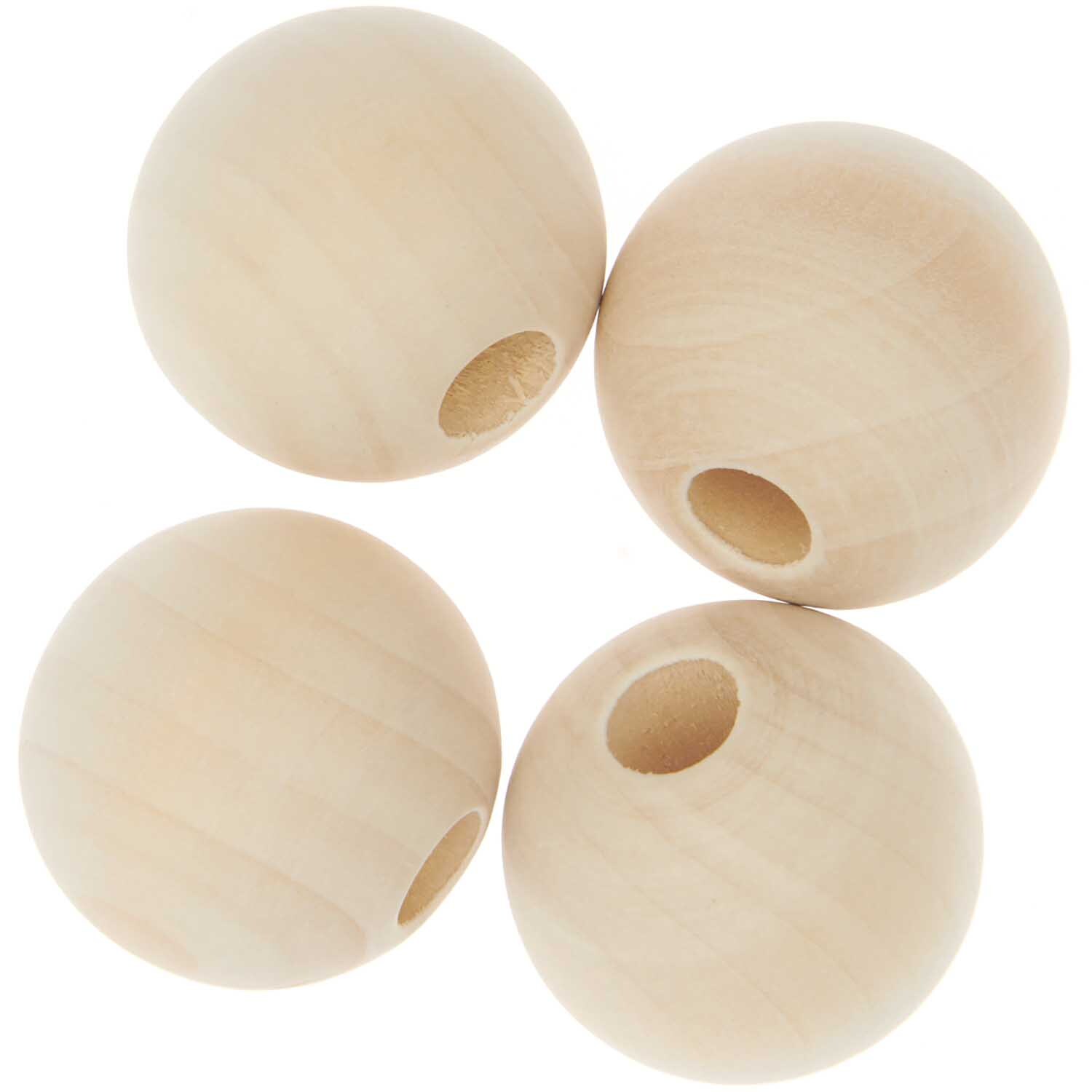 Makramee Perlen Holz natur 35mm 4 Stück von Rico Design. Vier runde, naturfarbene Holzperlen mit glatter Oberfläche und Loch in der Mitte.
