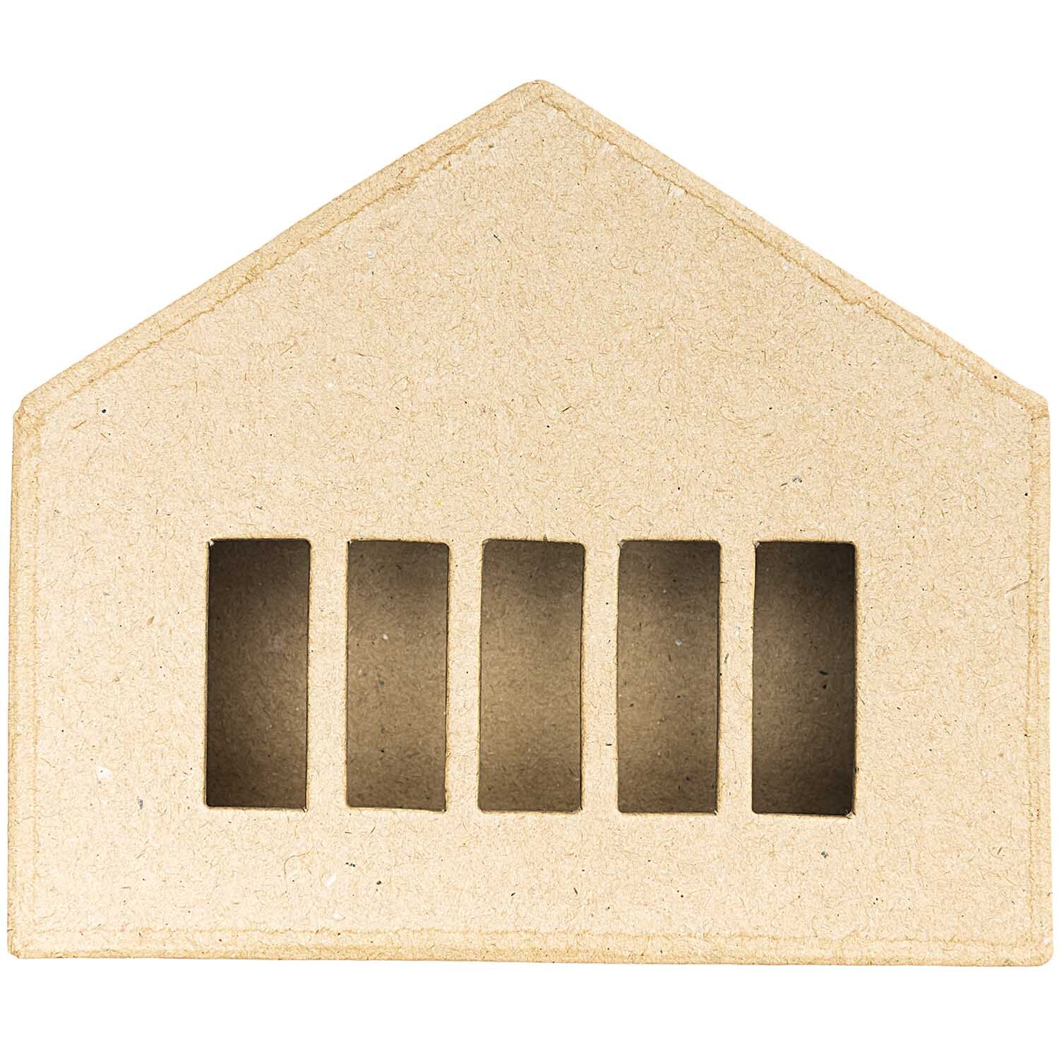 Schachtel Pappmaché-Haus von Rico Design in natürlichem Beige, geformt wie ein Haus mit fünf Fenstern. Ideal für kreative Bastelprojekte.
