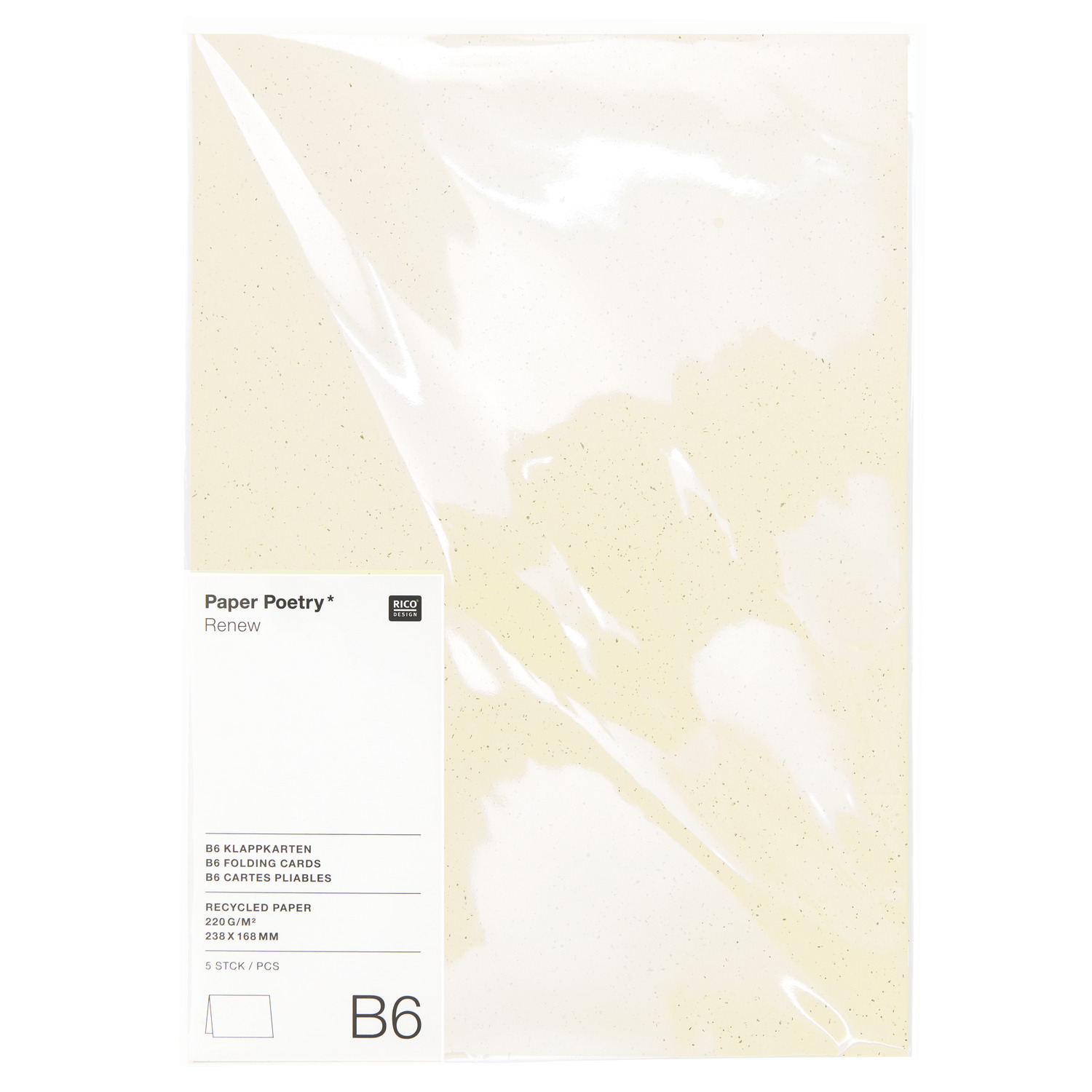 Paper Poetry Renew Karten B6 aus elfenbeinfarbenem Recyclingpapier, 5 Stück von Rico Design, in transparenter Verpackung.