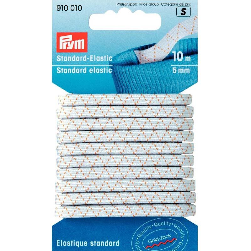 Standard Elastic Gummi von Prym, 10m lang, 5mm breit, in Weiß, auf einer blauen Verpackung.