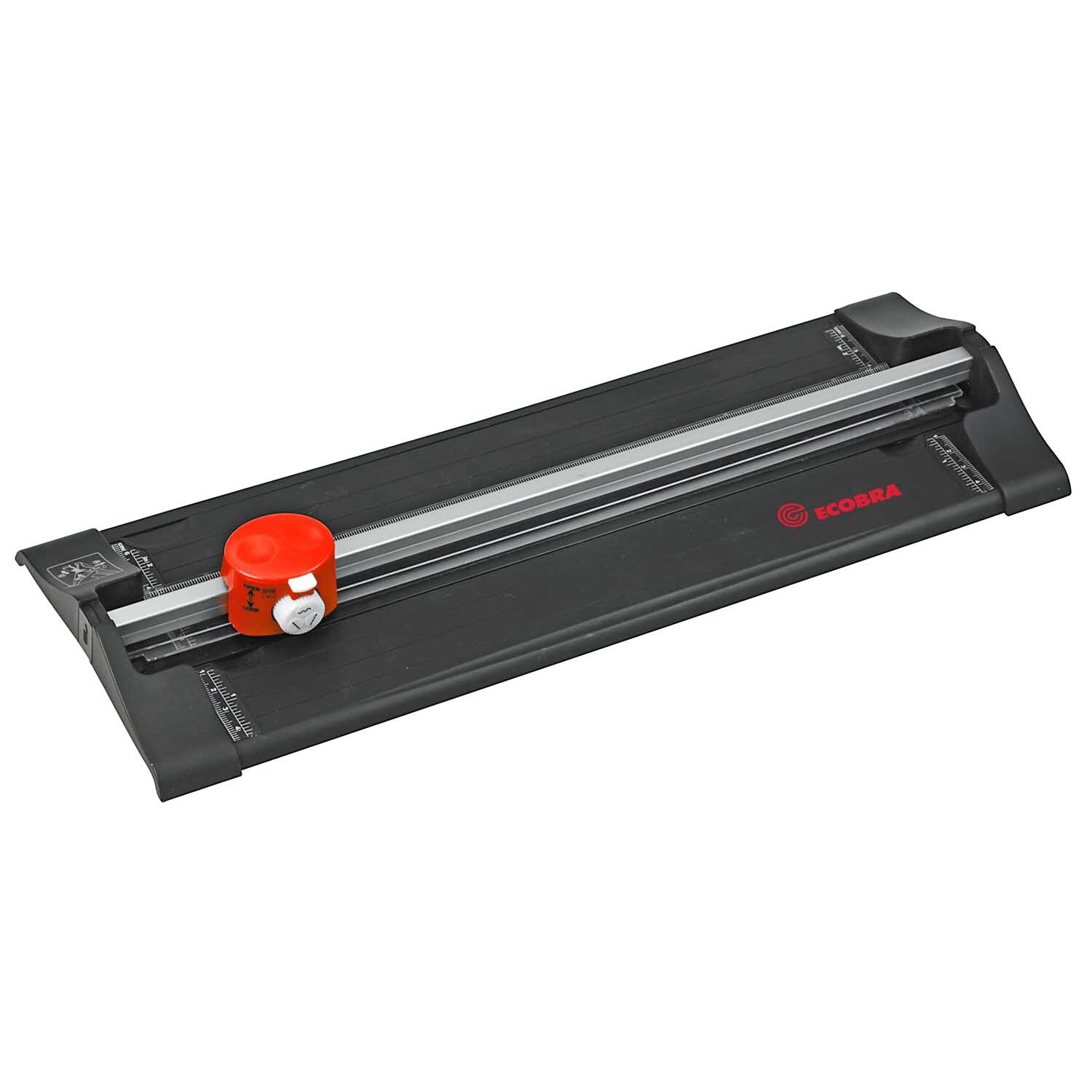 Rollenschneidemaschine 3in1 von RUMOLD in Schwarz und Rot, ideal zum präzisen Schneiden von Papier.