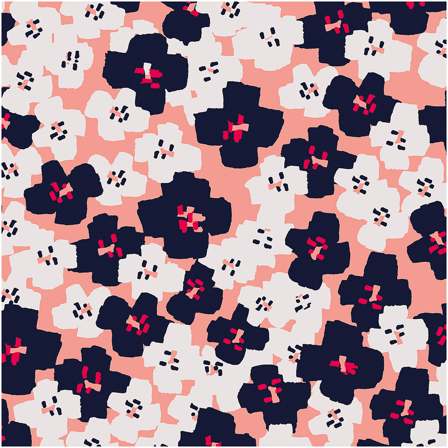 Druckstoff Okina Hana zeigt ein florales Muster in Pink und Schwarz. Ideal für kreative Nähprojekte.