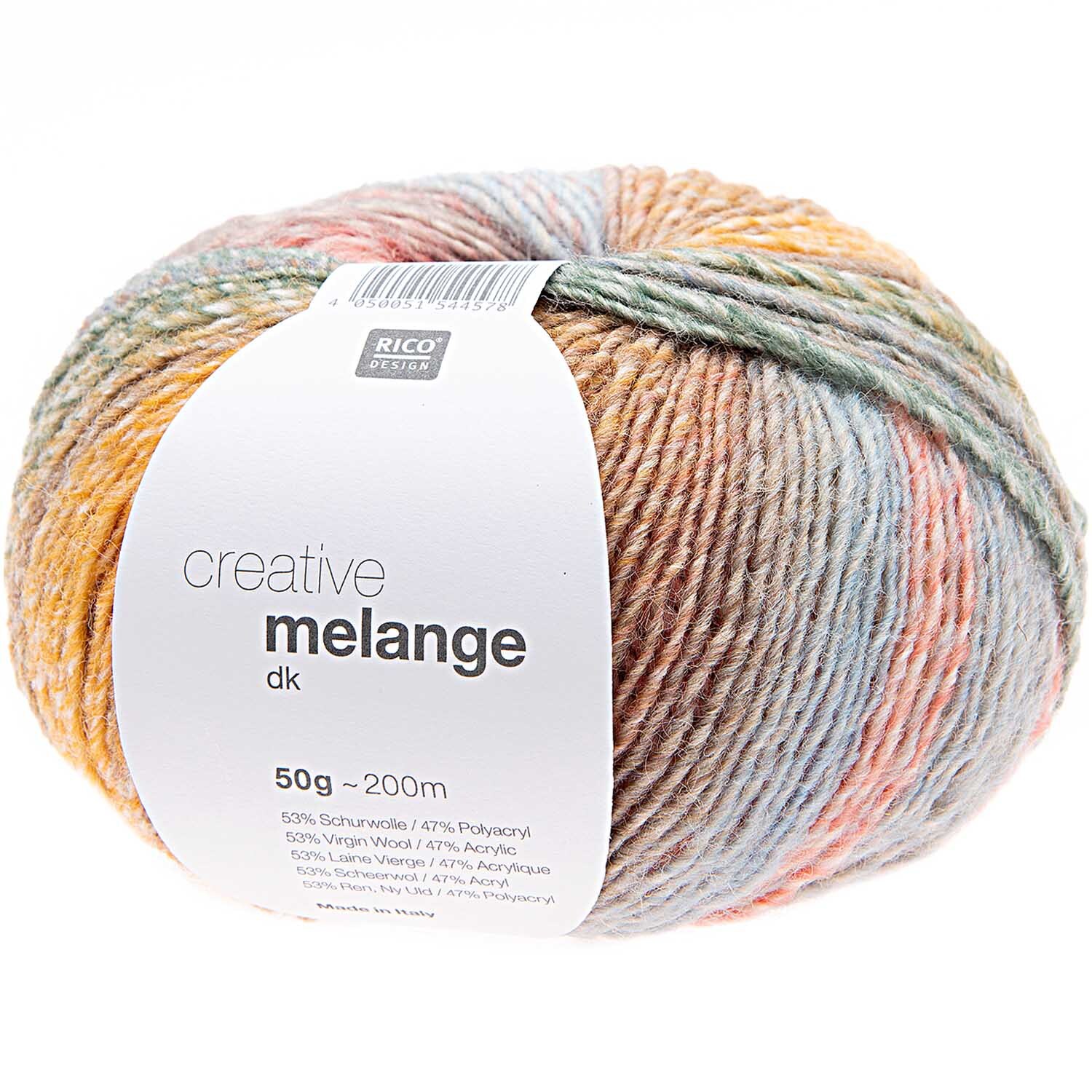Creative Melange dk Wolle von Rico Design in Pastell Mix, 50g Knäuel, ideal für Strickprojekte.
