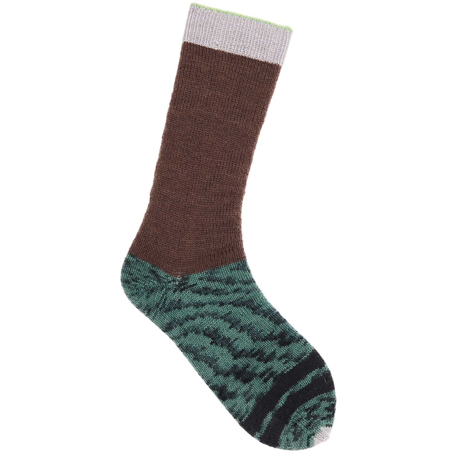 Superba Hottest Socks ever! 4fädig: Einzigartige Socke mit braunem Schaft und grünem, gemustertem Fußbereich von Rico Design.