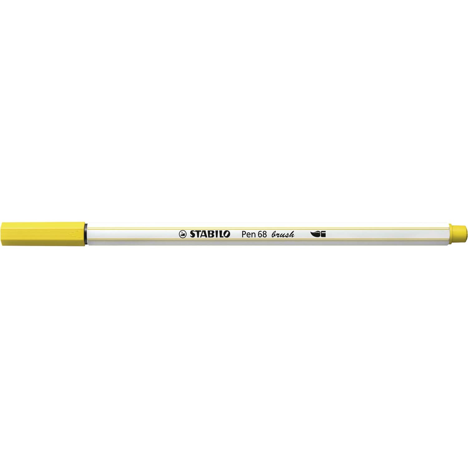 Pen 68 brush von STABILO in Gelb, ideal für kreative Projekte. Der Stift hat eine gelbe Kappe und eine weiße Hülle.
