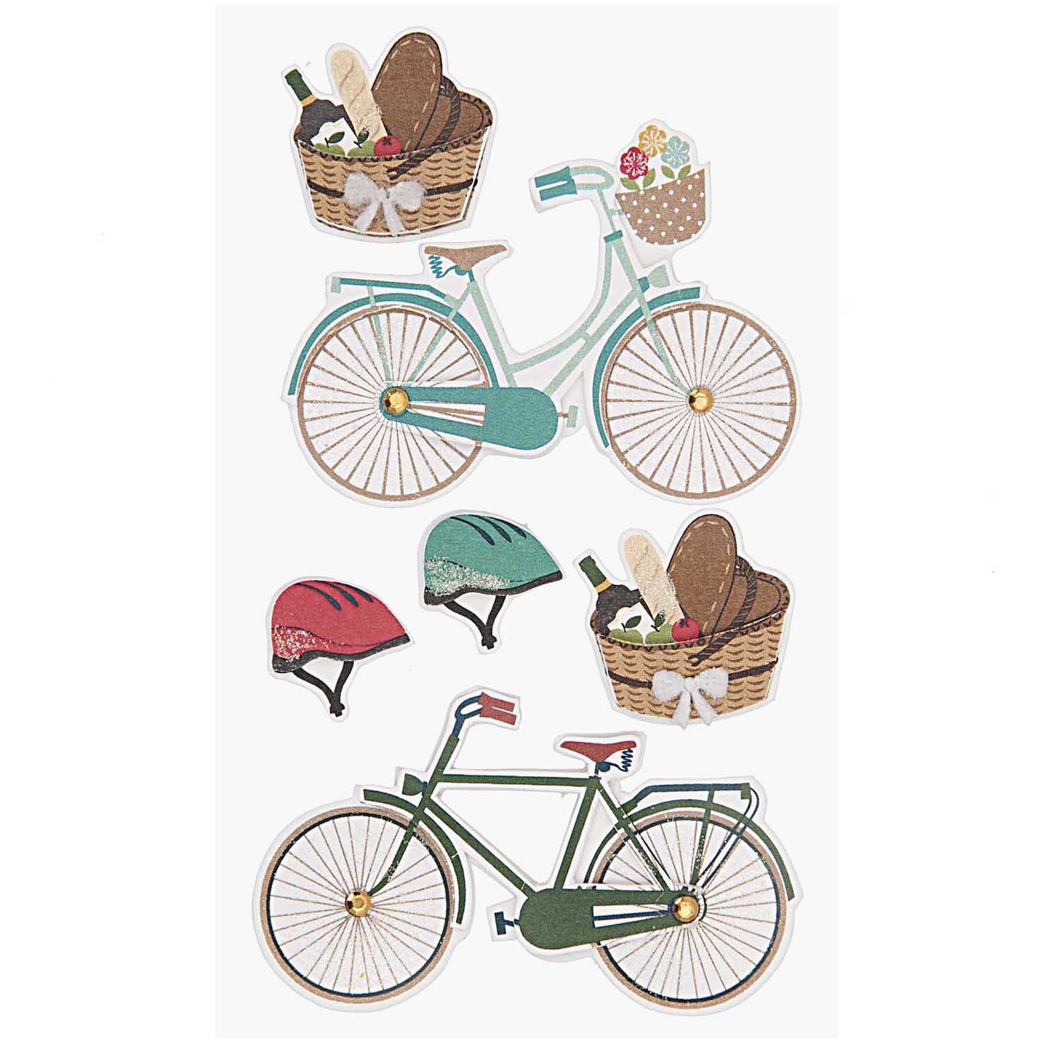 Paper Poetry 3D Sticker Fahrradtour zeigt bunte Fahrräder mit Körben voller Brot und Blumen. Ideal für kreative Bastelprojekte.