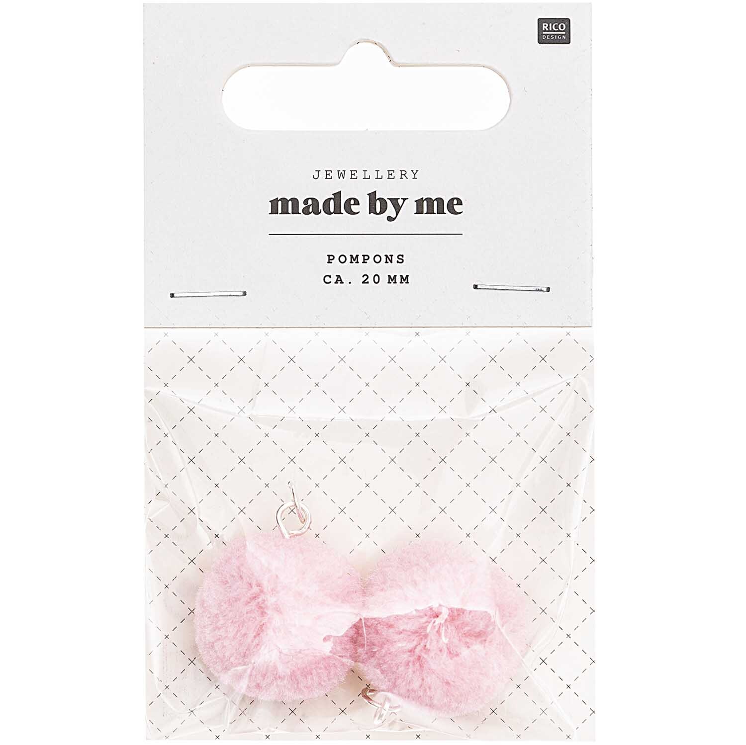 Pompons mit Öse 2cm 2 Stück von Rico Design in rosa, verpackt in einer transparenten Tüte.