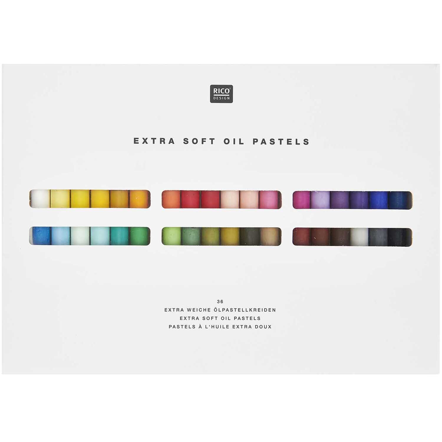 Ölpastellkreide 36 Farben von Rico Design, extra weich, in einer weißen Verpackung präsentiert.