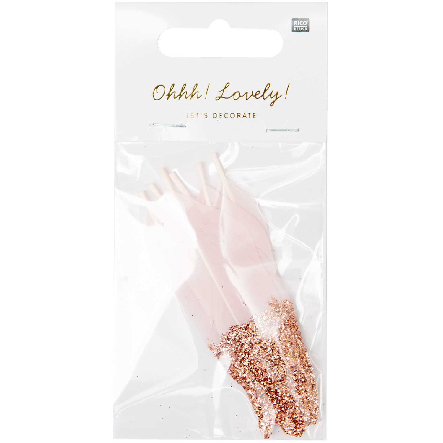 Federn ca. 8cm 6 Stück: Rosa-Roségoldene Federn in einer transparenten Verpackung von idee. Creativmarkt.