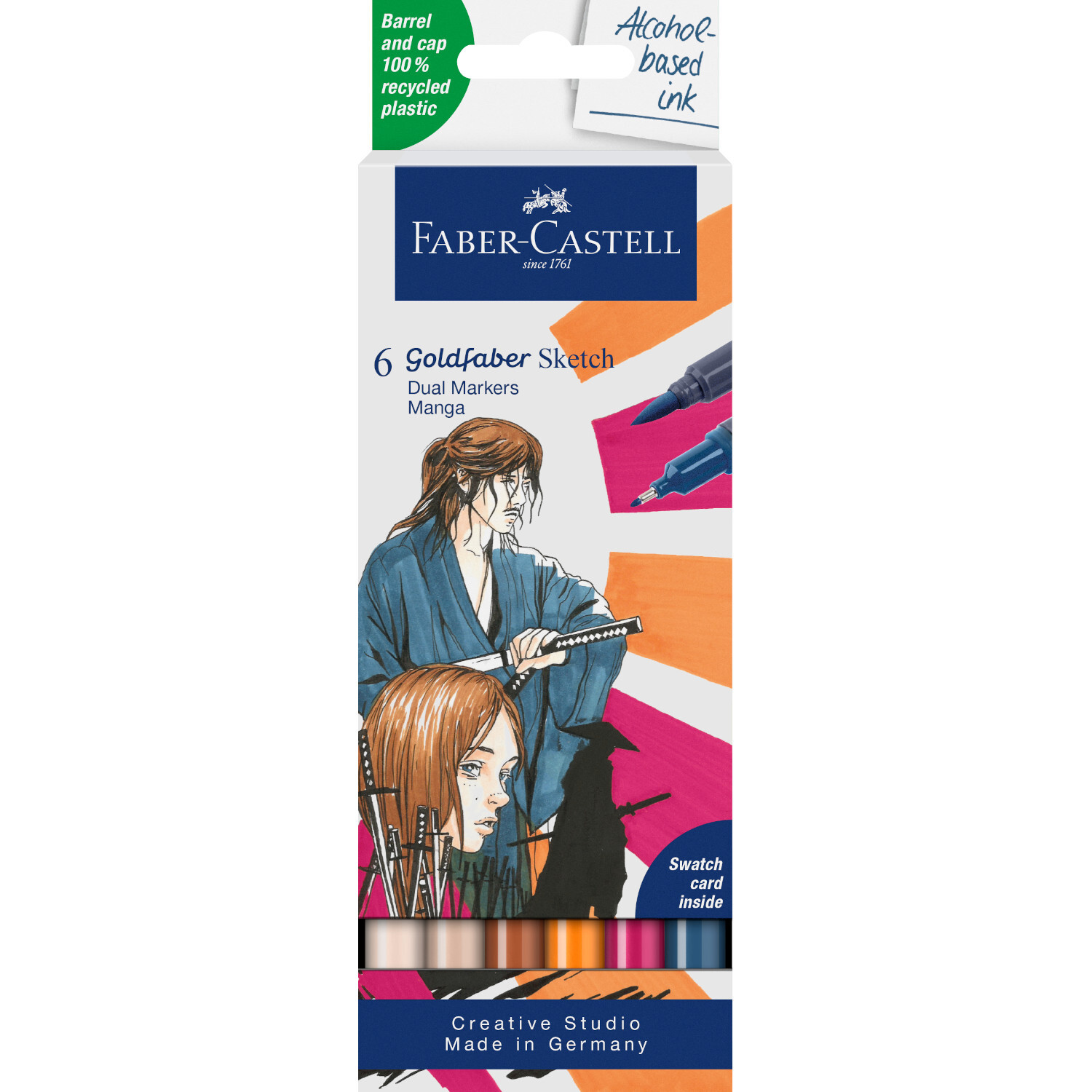Goldfaber Sketch Marker Manga Set mit 6 Stiften von Faber Castell, ideal für kreative Manga-Zeichnungen. Verpackung zeigt Manga-Illustrationen.