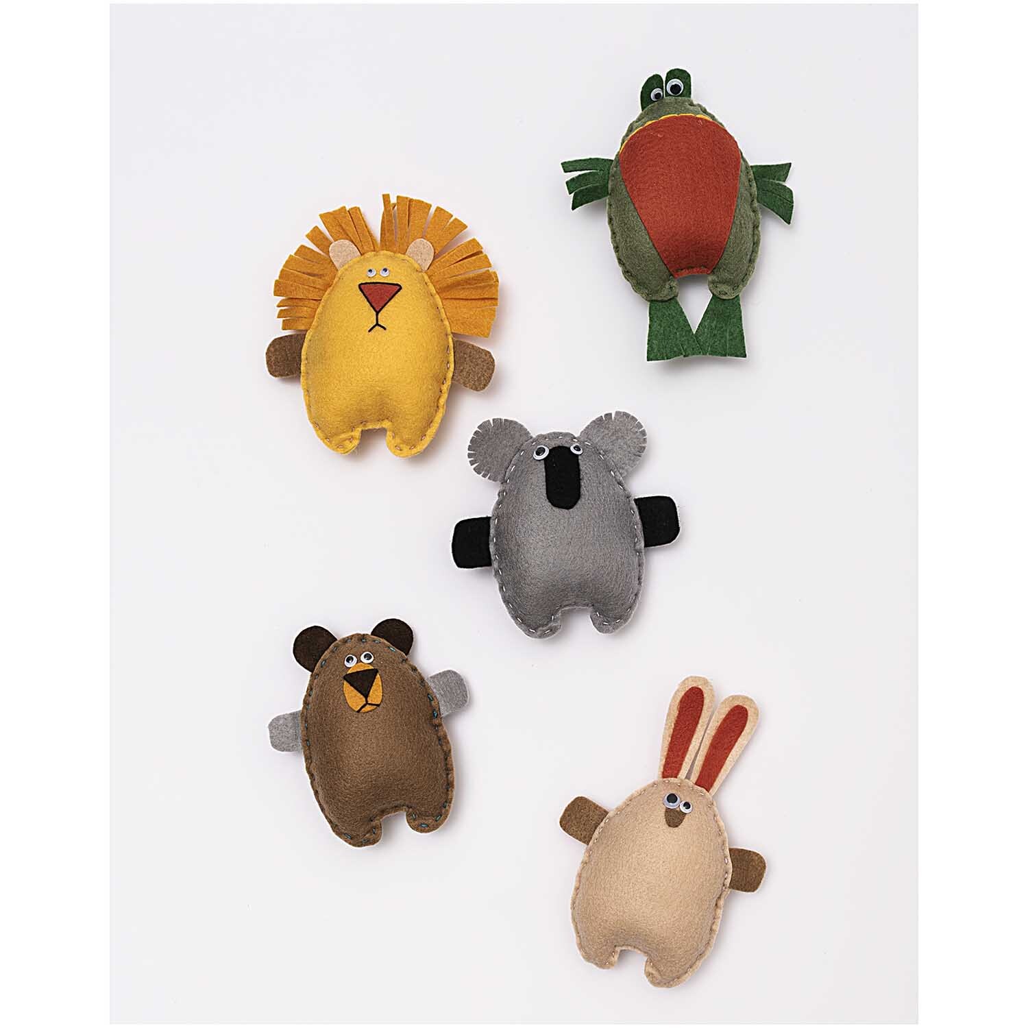 Filz-Plattenset 1mm 20x30cm 10 Farben: Fünf bunte Filztiere von Rico Design, darunter Löwe und Frosch.