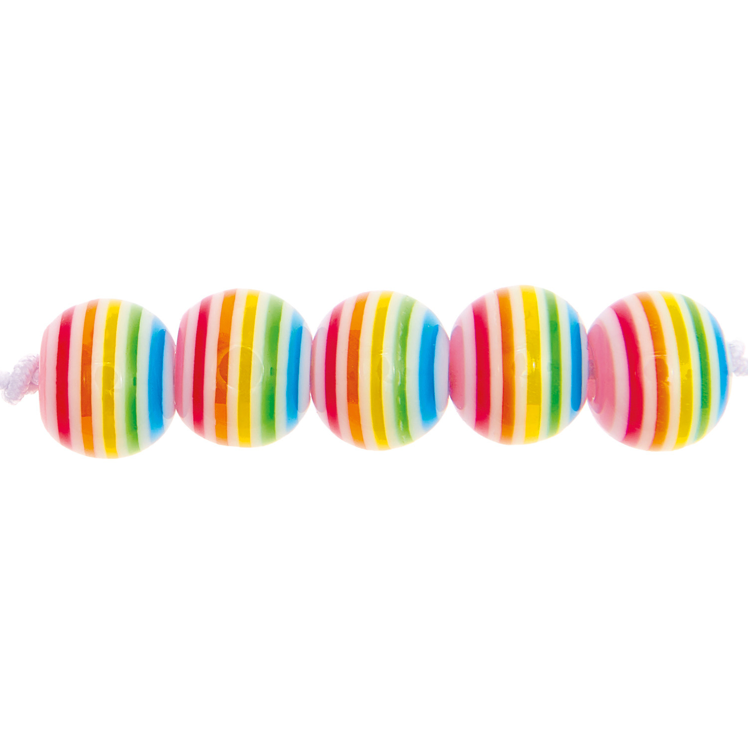 Itoshii Gestreifte Perlen Regenbogen 8mm, 48 Stück von Rico Design, in lebhaften Regenbogenfarben auf einem Tisch arrangiert.