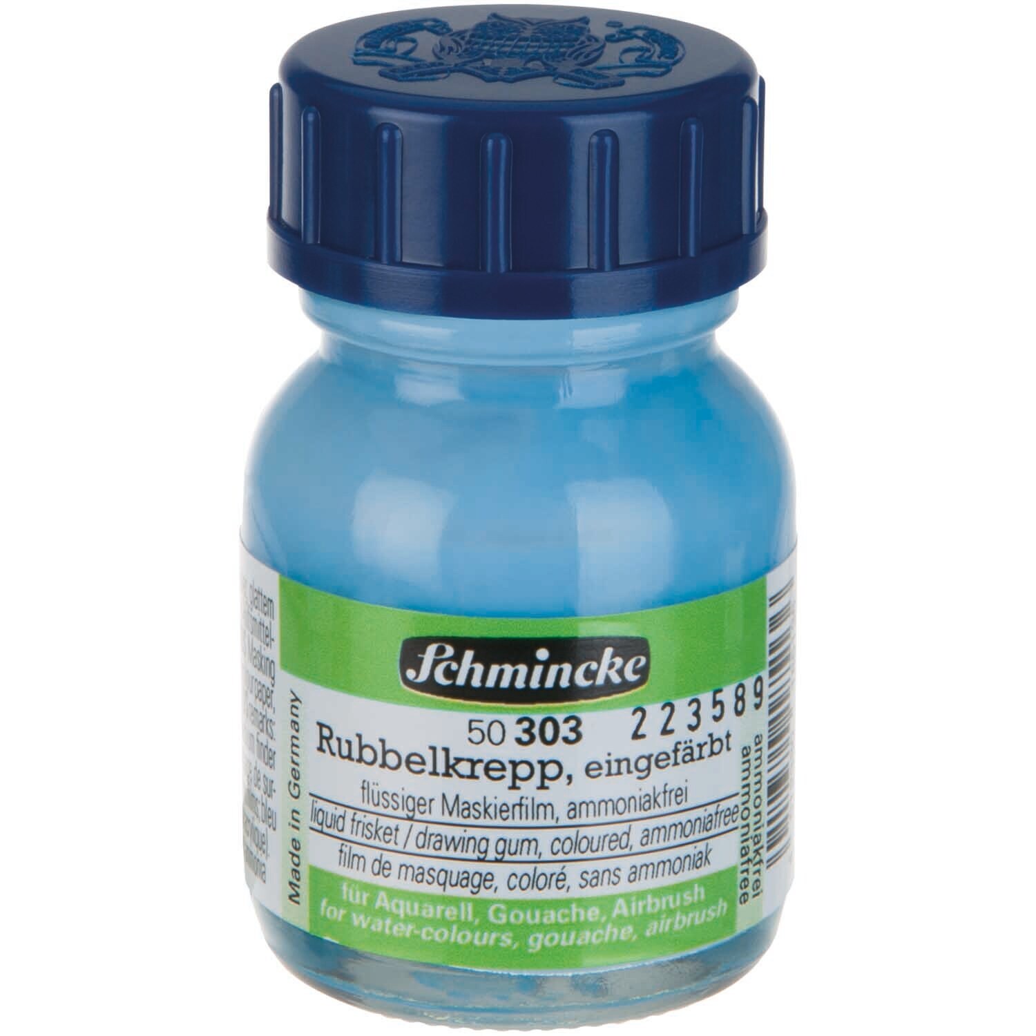 Rubbelkrepp eingefärbt 20ml von Schmincke, flüssiger Maskierfilm in Blau, ideal für Aquarelltechniken.