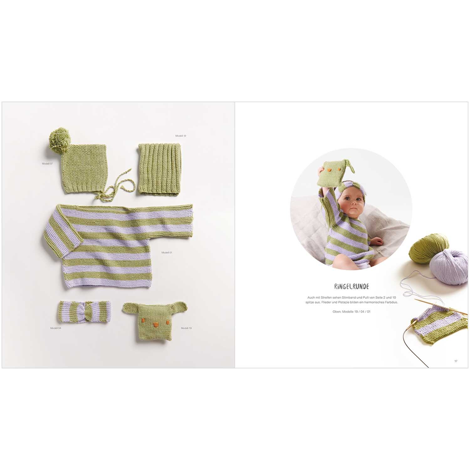 Rico Baby Heft Nr.31 zeigt gestrickte Babykleidung in Grün und Lila, inklusive Mütze und Pullover.