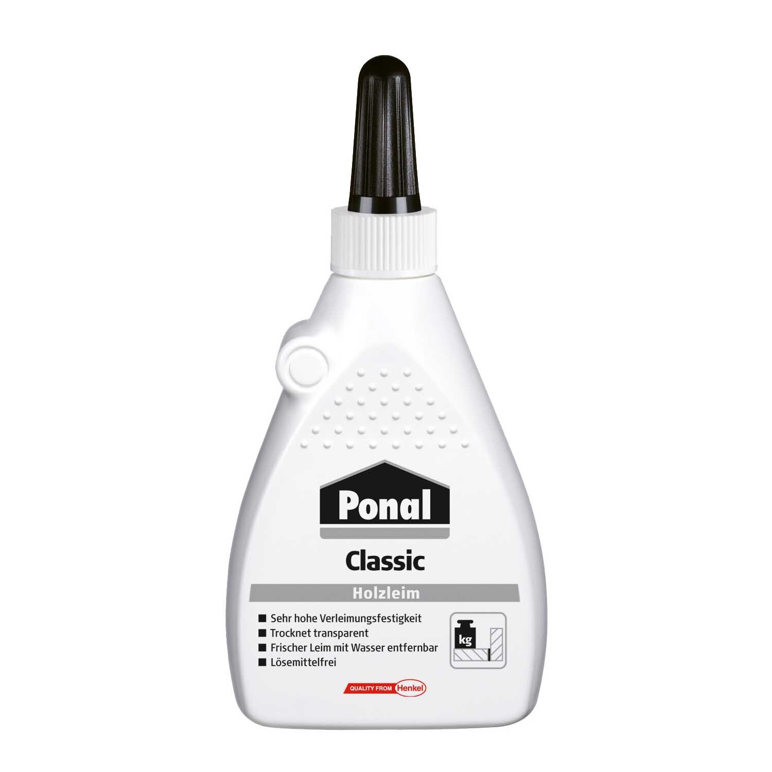 Classic Holzleim 120g von Ponal in weißer Flasche mit schwarzem Verschluss, ideal für starke Verbindungen.