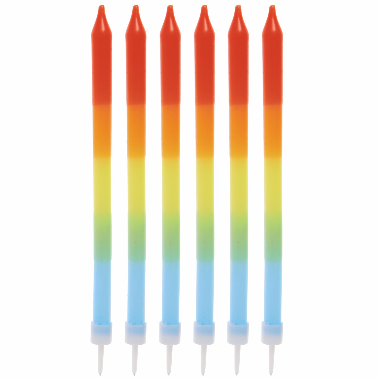 Kerzen Dip Dye Regenbogen: Sechs bunte Kerzen in Regenbogenfarben, Ø0,7x12,5cm, ideal für festliche Dekorationen.