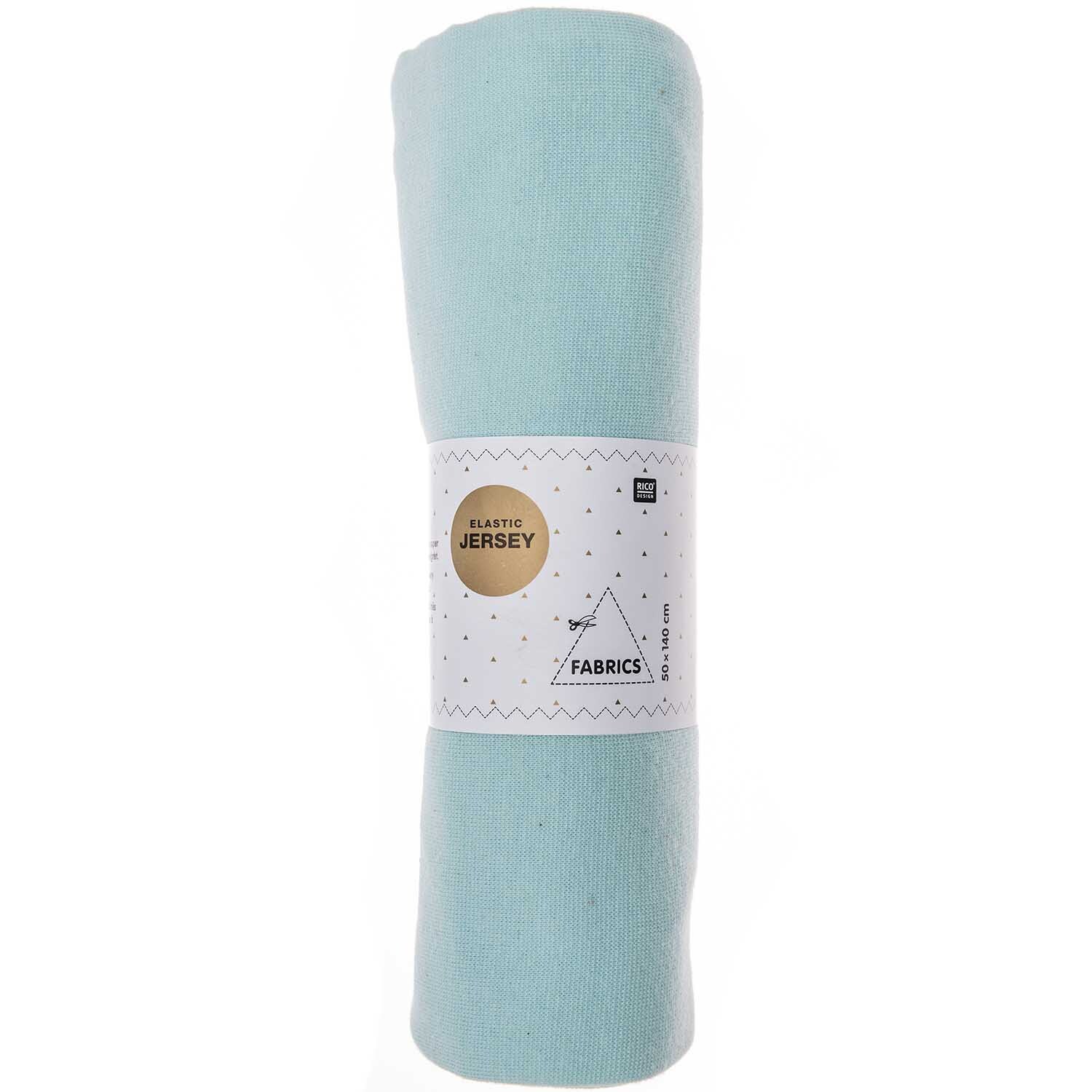 Stoff Jersey elastic 50x140cm in Mint von Rico Design, aufgerollt und mit Etikett versehen. Ideal für Nähprojekte.